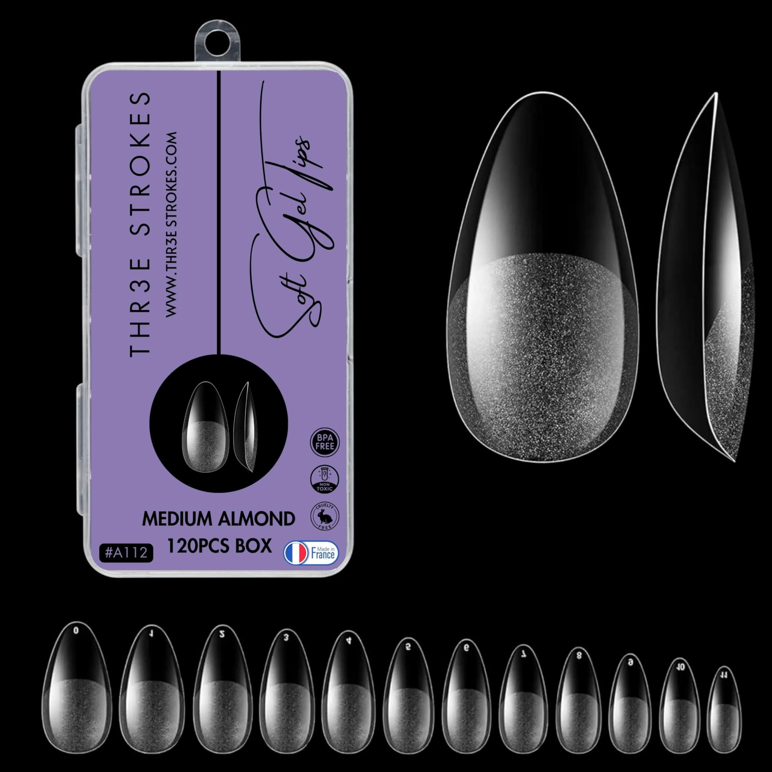 THR3E STROKES 120pcs Soft Gel Nail Tips, Gel X NailTips Clear Fake Nails Full Cover Soft Acrylic NailTips with Box for Extension Nail Manicure Salon Home DIY (Medium Almond Half Matte)