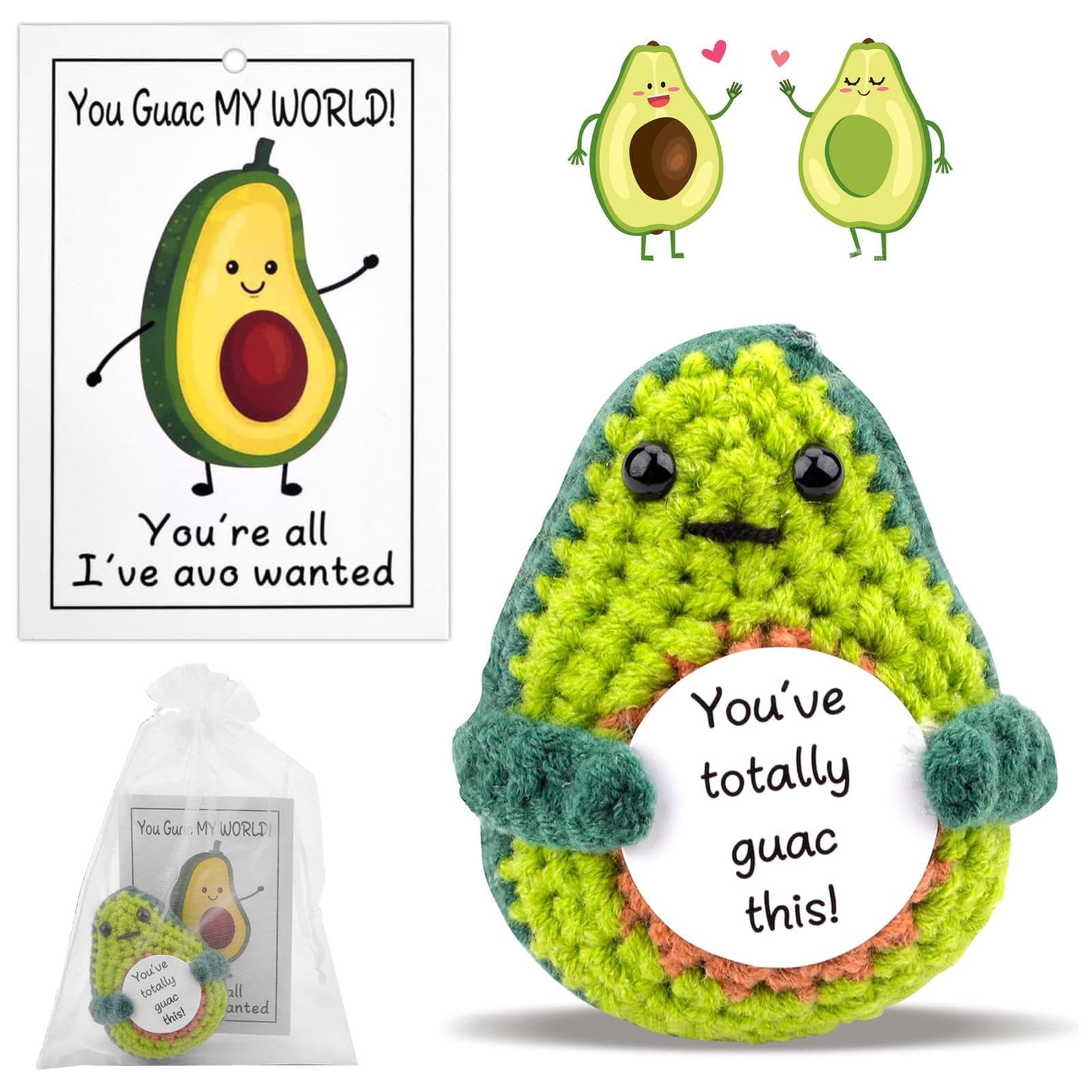 Funny Positive Avocado Knitting Doll, Cute Wool Knitted Doll with Positive Card, Stuffing Decoration Emotional Support Inspirational Positive Ornaments Gifts for Kids Adults Birthday Holiday
