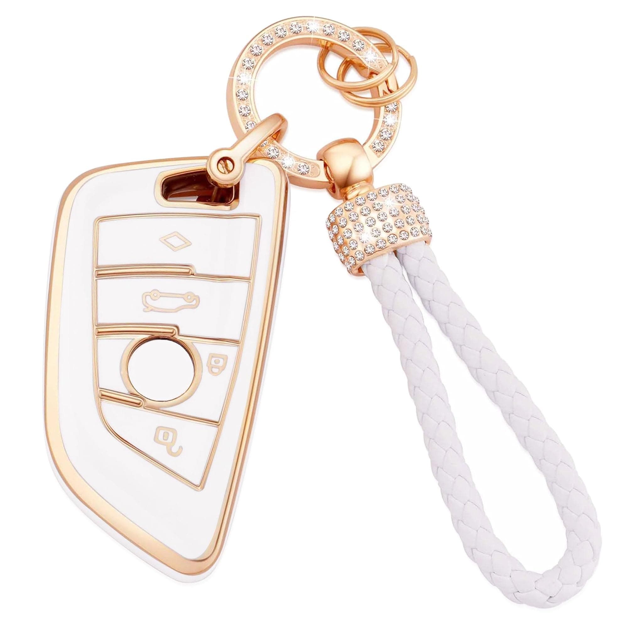 Car Key Full Cover for BMW Soft TPU Full Protection Smart Key Case Shell White with Keychain Lanyard Fit for BMW X1 X2 X3 X5 X6 2 5 6 7 Series 3 4 Buttons Smart Key Fob Case(BM-4D)