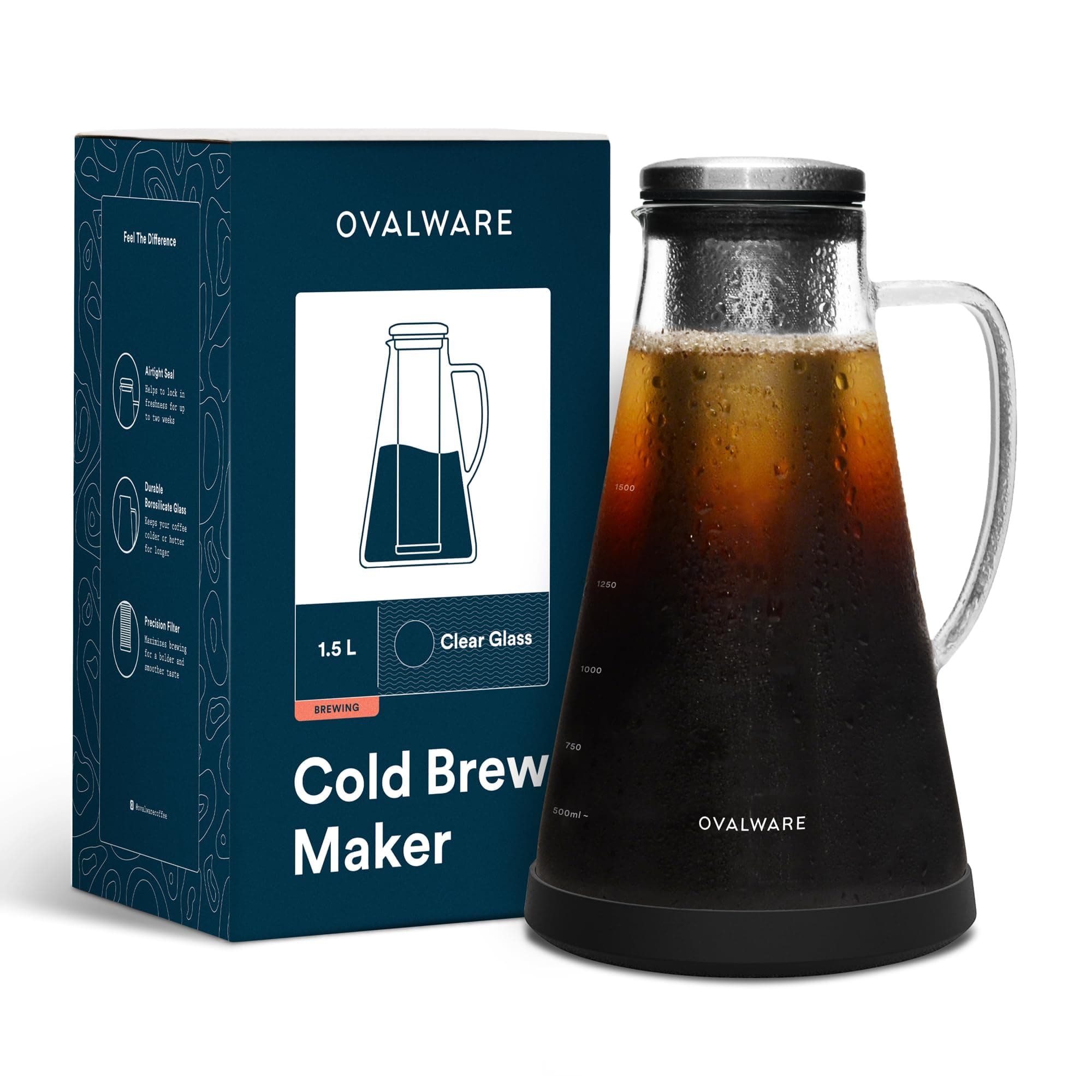 Airtight Cold Brew Iced Coffee Maker (& Iced Tea Maker) with Spout – 1.5L/51oz Ovalware RJ3 Brewing Glass Carafe with Removable Stainless Steel Filter