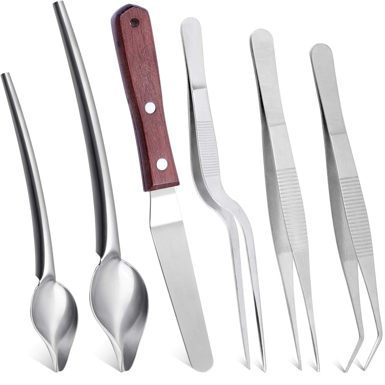 Cridoz 6 Pcs Stainless Steel Kitchen Cooking Tweezers Precision Tongs Drawing Spoons Offset Spatula for Food Culinary Plating Decorating