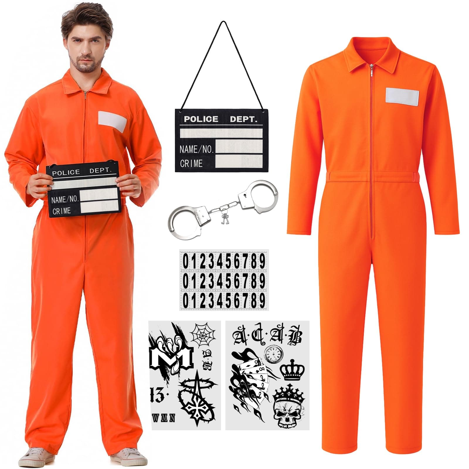 Deaboat Prisoner Jumpsuit Men Halloween Costume Orange Prison Inmate Outfit A...