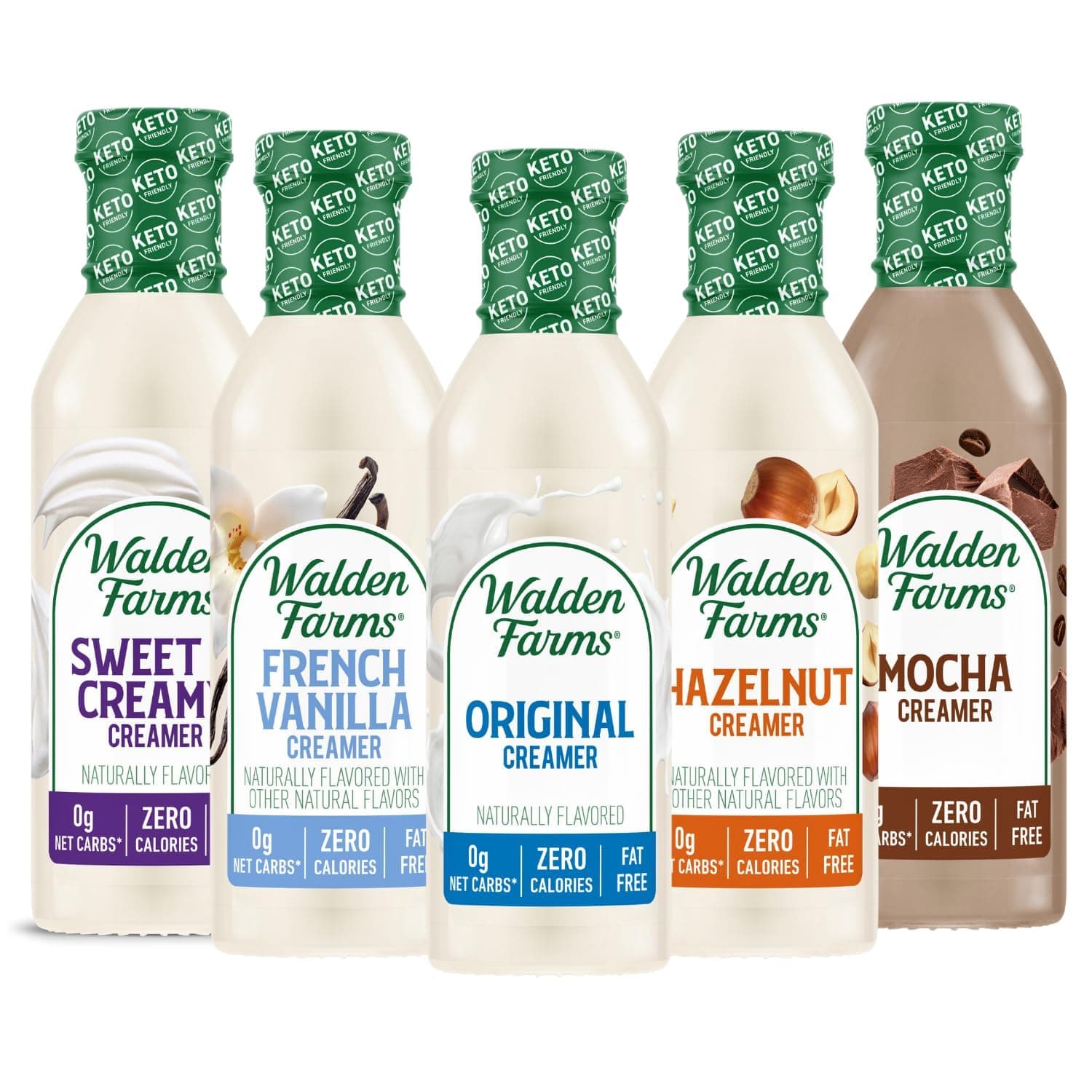 Walden Farms Coffee Creamers Variety Pack - Original, Sweet Cream, Mocha, Hazelnut & French Vanilla – Zero Calorie, Dairy-Free, Low Carb, Keto-Friendly, Sugar-Free – 5-Pack, 12 oz Bottles