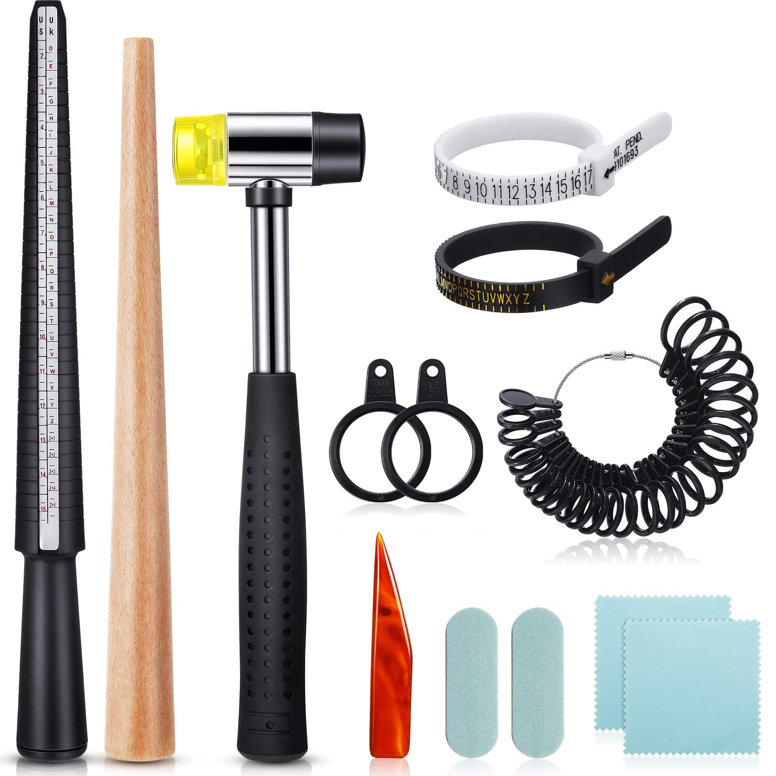 11 Pieces Metal Us UK Ring Mandrel Set, Size 1-13 with Half Size Ring Sizer Gauge Jewelry Mandrel Jewelry Hammer Adjuster Polishing Cloth Polishing Stick Polished Agate Knife Measuring Tool(Black)