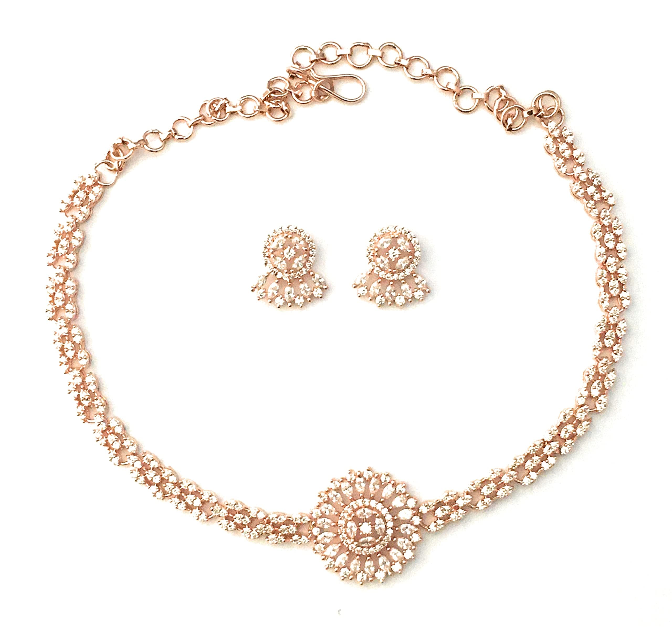 SasitrendsTraditional American Diamond Jewellery Set for Women and Girls | Rosegold Rhodium Silver Plated AD Necklace Set for Women | Anniversary Gift for Wife and Birthday Gift for Girls and Women