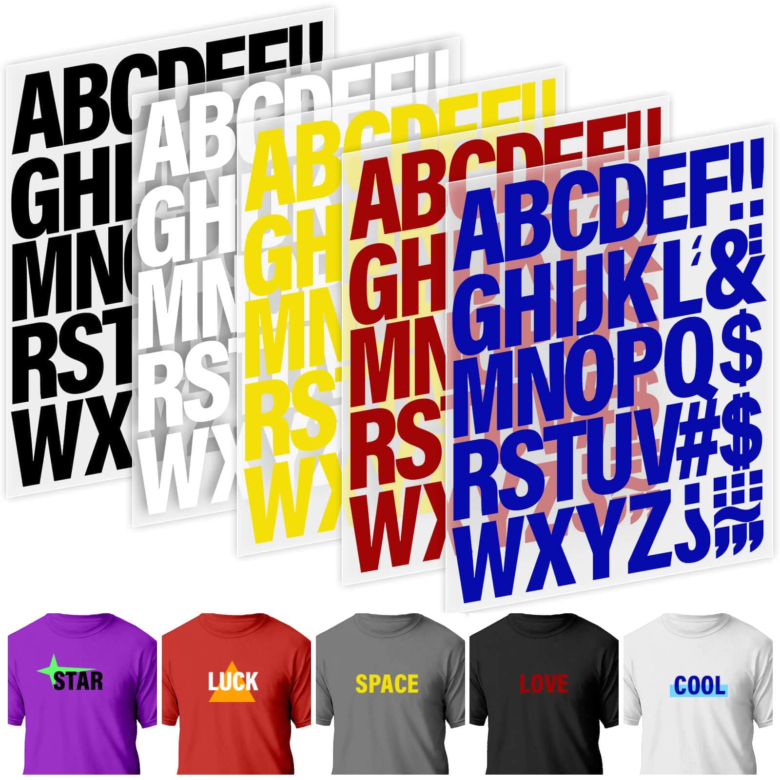 20 Sheets 880 Pieces Iron on Letters for Clothing, 2 Inch 5 Colors Heat Transfer Vinyl Patches PU Alphabets Sticker T-Shirt Printing DIY Crafts Decorations (Black, White, Yellow, Red, Blue)