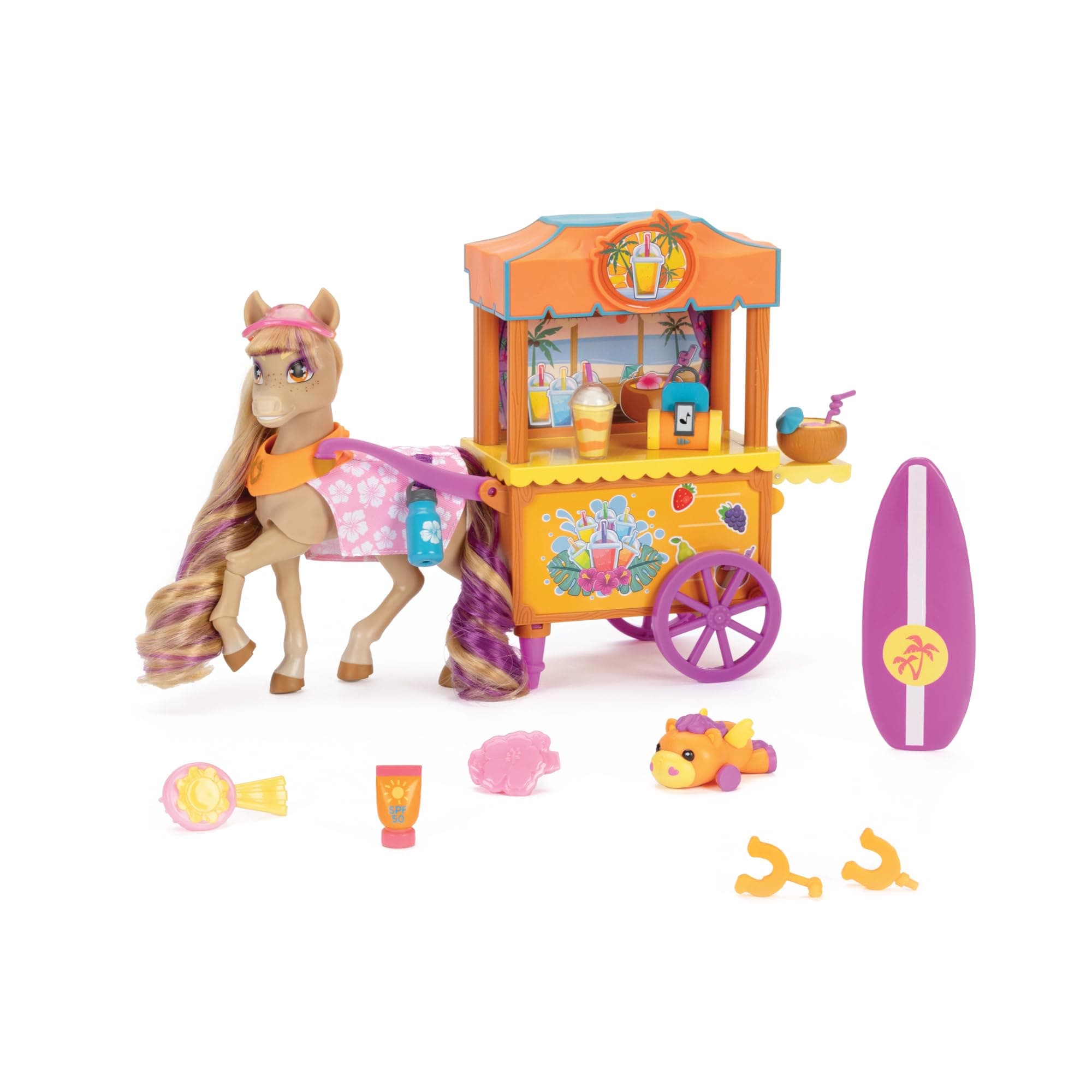 Wild Manes Horse Toys – Bailey’s Surf & Snacks Playset with Boba Cart, Surfboard & Accessories – Includes Brush, Visor & Pegasus Plush – Ages 3+
