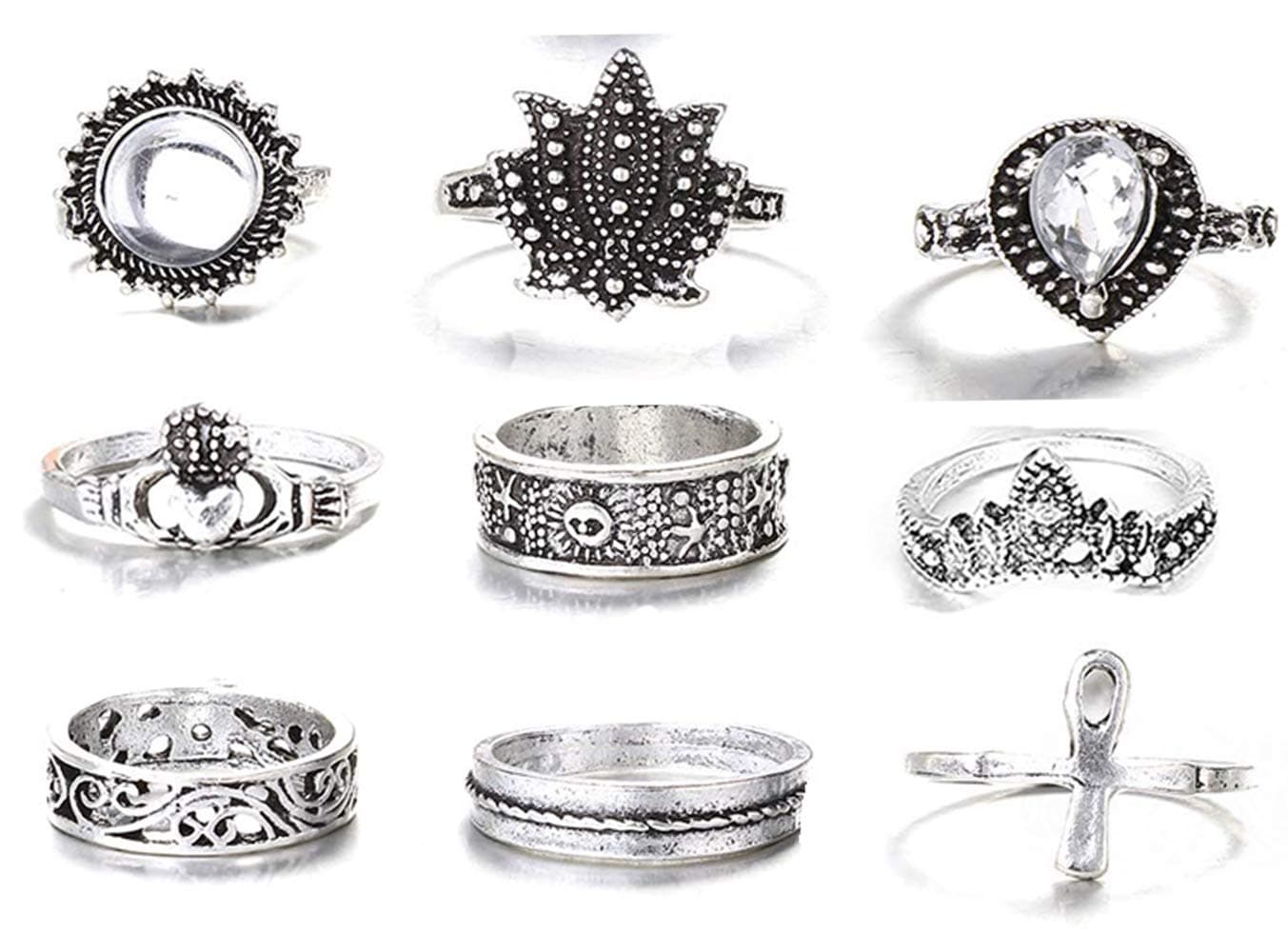 FIBO STEEL 9 Pcs Vintage Knuckle Rings for Women Stackable Midi Finger Ring Set