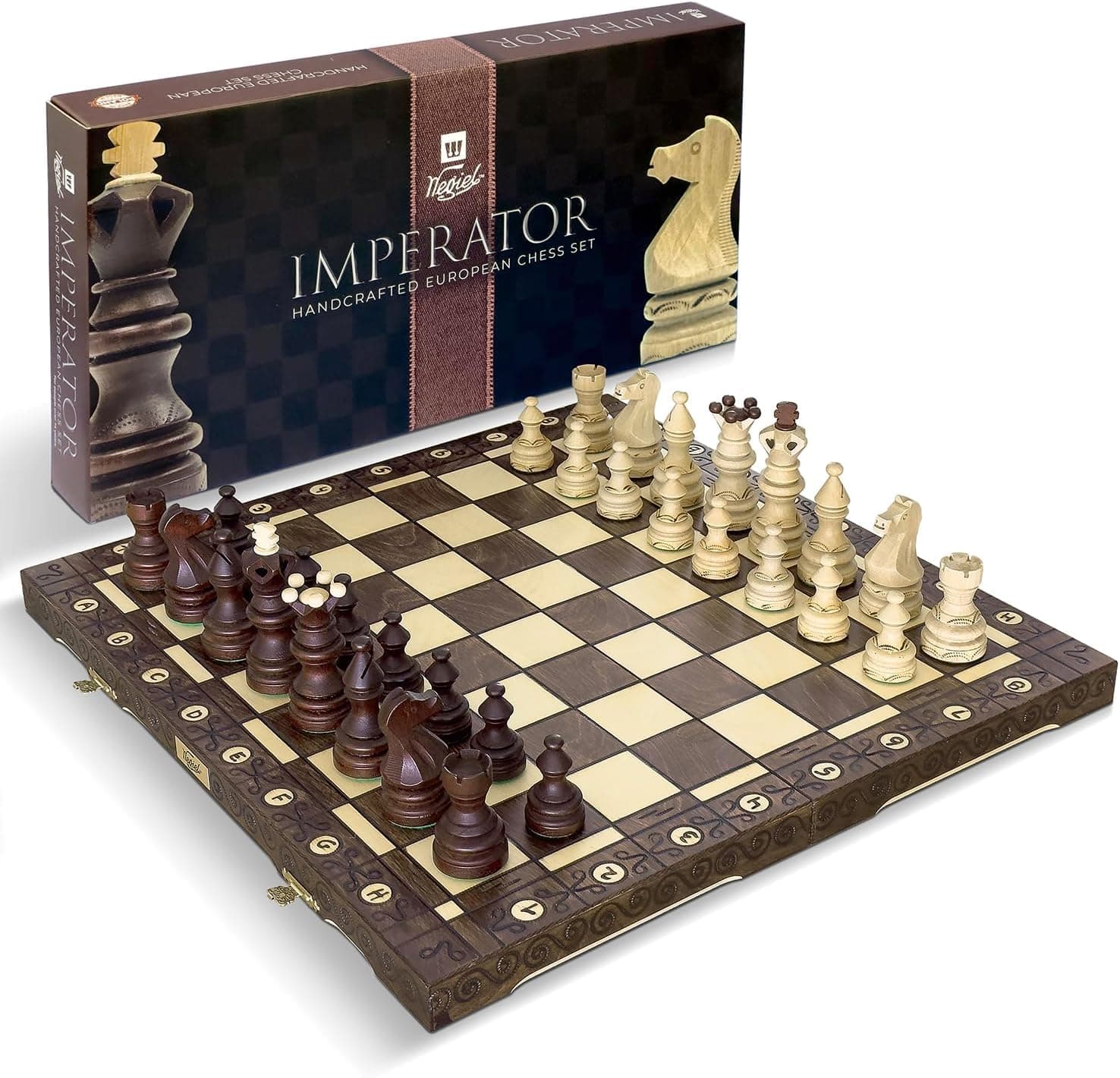 Wegiel Imperator 21" Premium Wood Chess Set for Adults and Kids - Handmade from Premium Beech and Birch Wood - Unique Folding Design with Chess Piece Storage, Brown