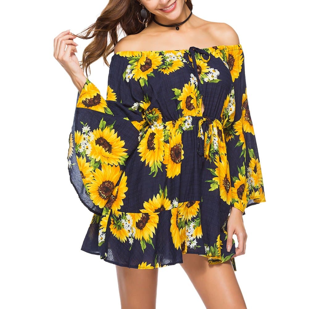 iBaste Women's Bohemian Style Sunflower Print Loose Fit Off Shoulder Holiday Dresses Long Sleeve Beach Mini Dress