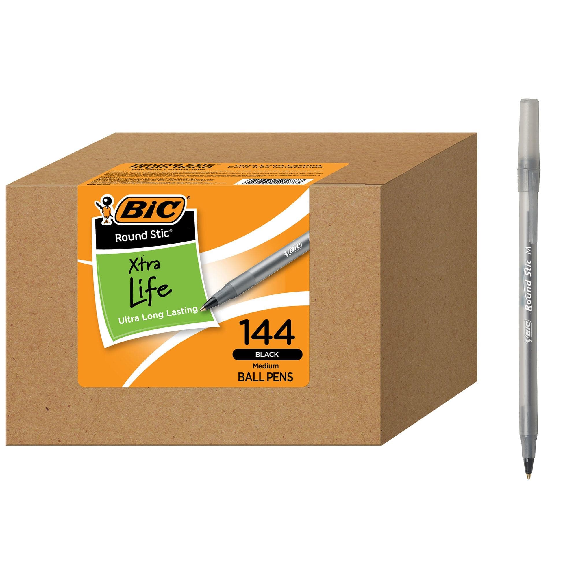 BIC Round Stic Xtra Life Ballpoint Pen, Ultra Long Lasting and Consistent Performance, 144-Count in Black Ink