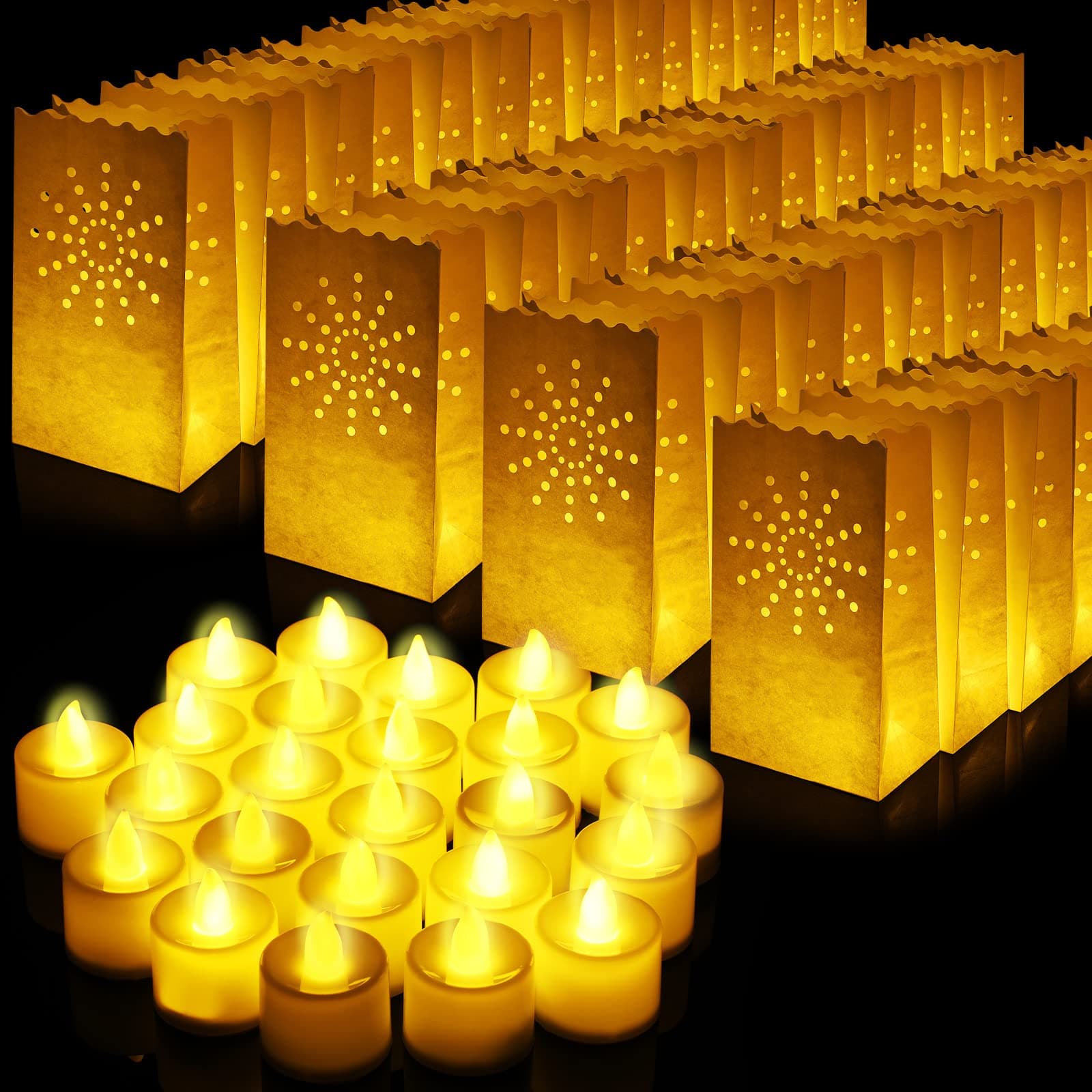Sabary 50 Set Luminary Bags with Flameless Tea Lights Christmas Luminaries LED Lantern Candle Bags for Birthday Wedding Halloween Christmas Party Decorations Outdoor Romantic Decor(Sun)