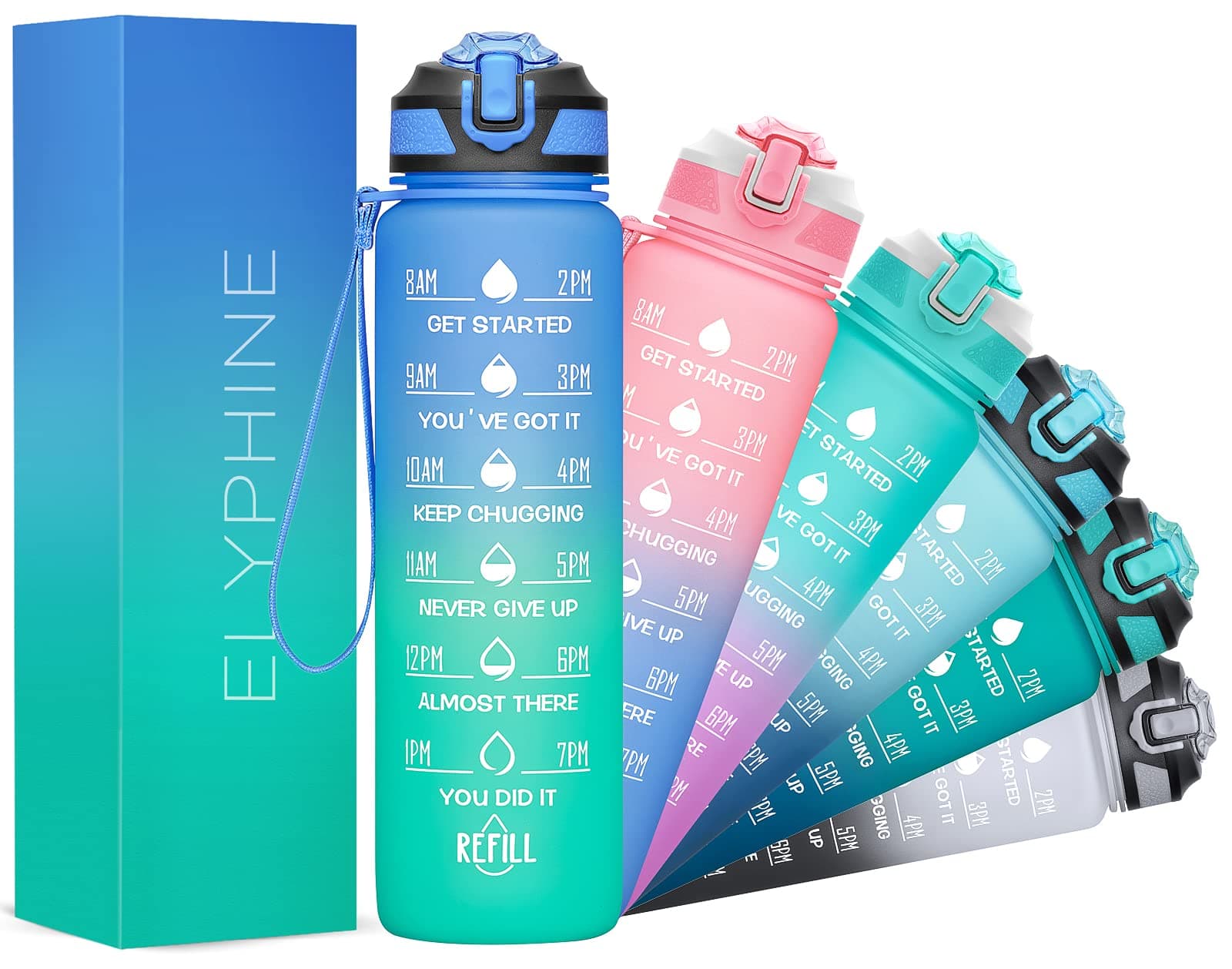 32/24 oz Water Bottles with Removable Straw & Time Marker, Motivational Sports Bottles with BPA Free Tritan Material, Leakproof Water Jug for Fitness