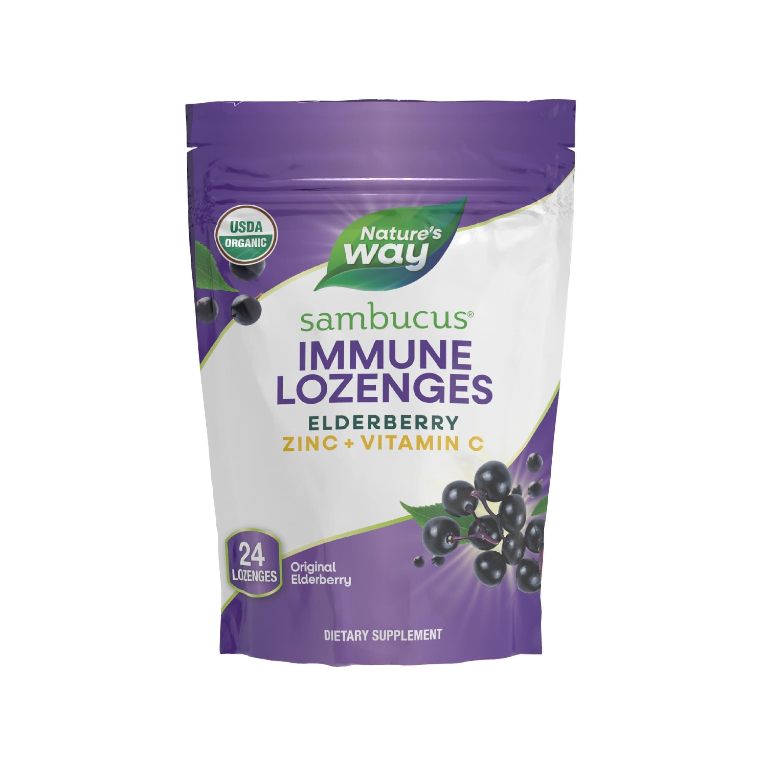 Nature's Way Sambucus Immune Lozenges, Zinc + Vitamin C, Black Elderberry Extract, USDA Certified Organic, Original Berry Flavored, 24 Lozenges (Packaging May Vary) - 1 Pack