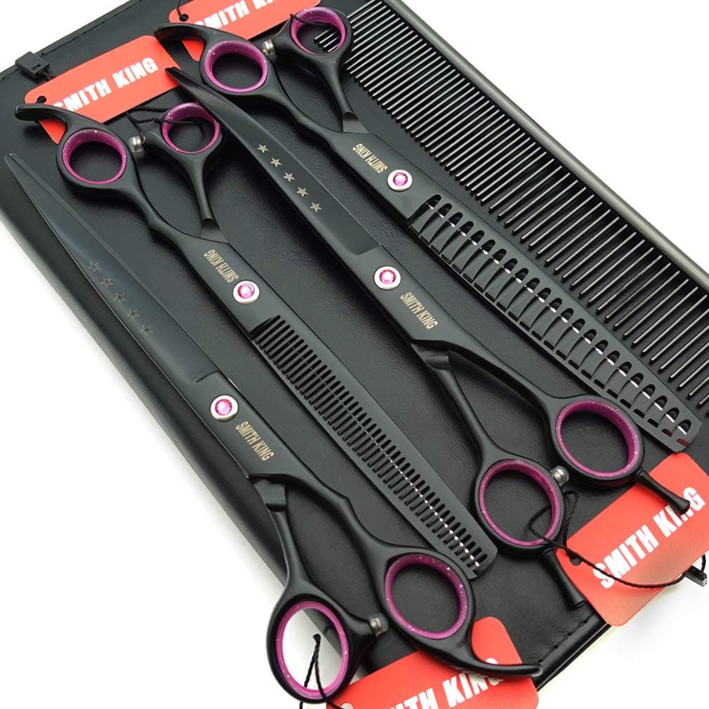 8.0 inches Professional Dog Grooming Scissors Set Straight & thinning & Curved & chunkers 4pcs in 1 Set (with Comb), Black