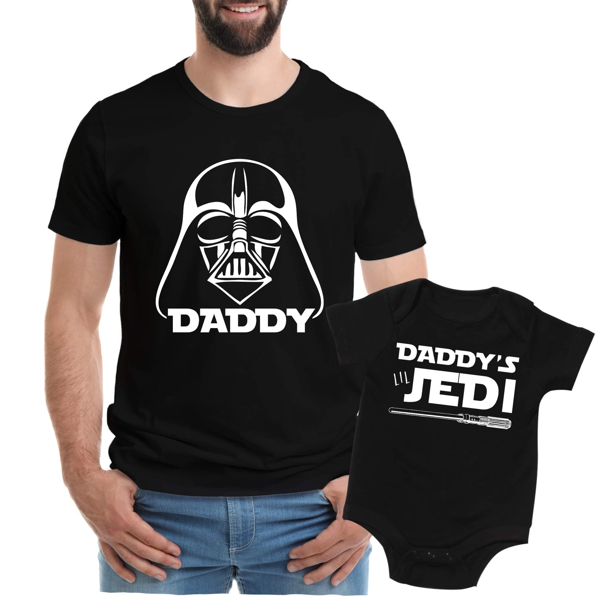 Inspired by Star Wars, Dad Son Tee, Cute Onsie,Darth & Jedi - Black,Mens (X-Large) & 3-6 Month