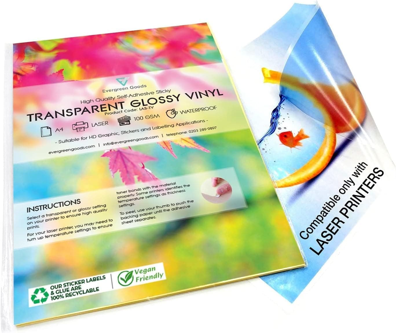 Evergreen Goods A4 20 Sheets Self-Adhesive Sticky Transparent Vinyl Sheets | Glossy Finish, Waterproof Stickers | Compatible with Laser Printers | Ideal for Home & Office, Crafting Sticker & Labeling