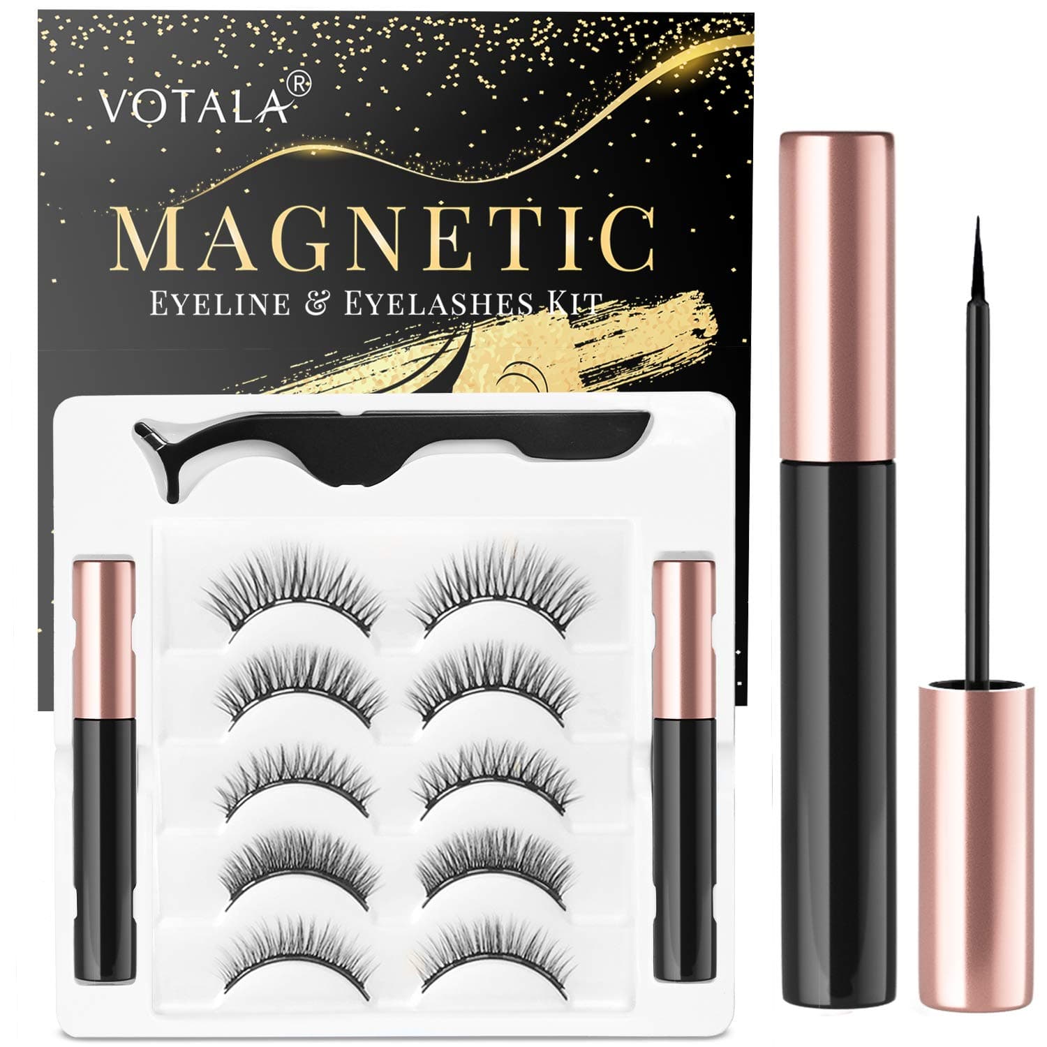 Votala Magnetic Eyelashes and Magnetic Eyeliner Kit, 5 Pairs of Different Styles Reusable 3D Magnetic Eyelashes with 2 Special Magnetic Eyeliners and Tweezers, with Natural Look(Natural)