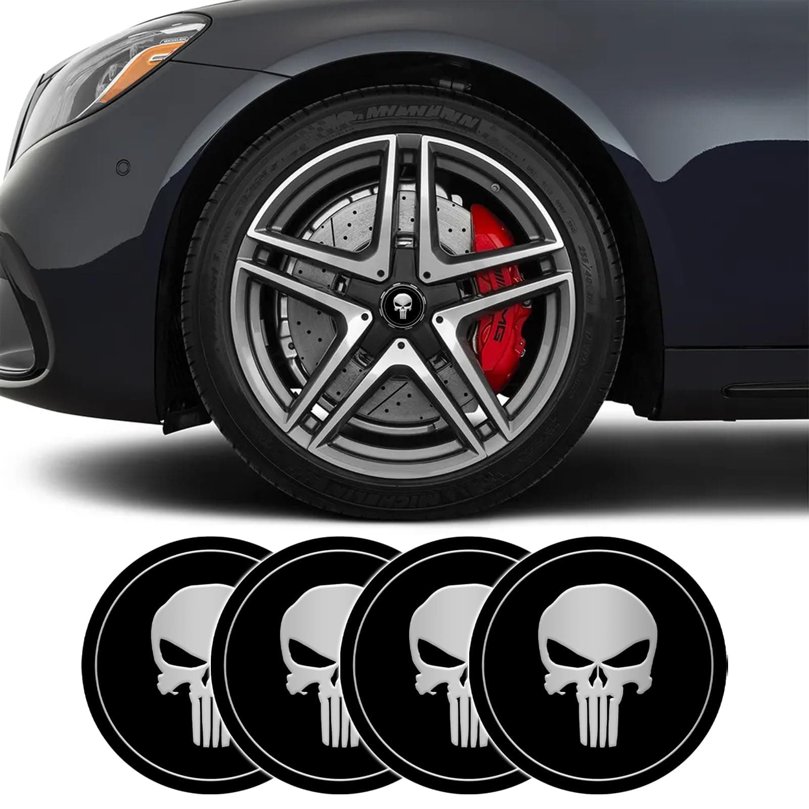 UZZH 4 PCS Skull Car Wheel Center Caps, 2.2" Center Caps for Rims, Automotive Exterior Accessories Waterproof & Rustproof Wheel Hub Center Cap Cover Stickers for Car Truck SUV (Black)