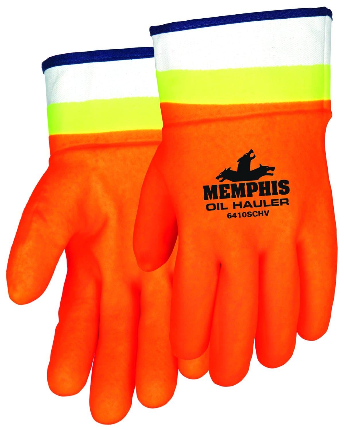 MCR Safety 6410SCHV Premium Double-Dipped Hi-Viz PVC Jersey Lined Sandpaper Finish Men's Gloves with Plasticized Safety Cuff, Orange/Lime, Large, 1-Pair