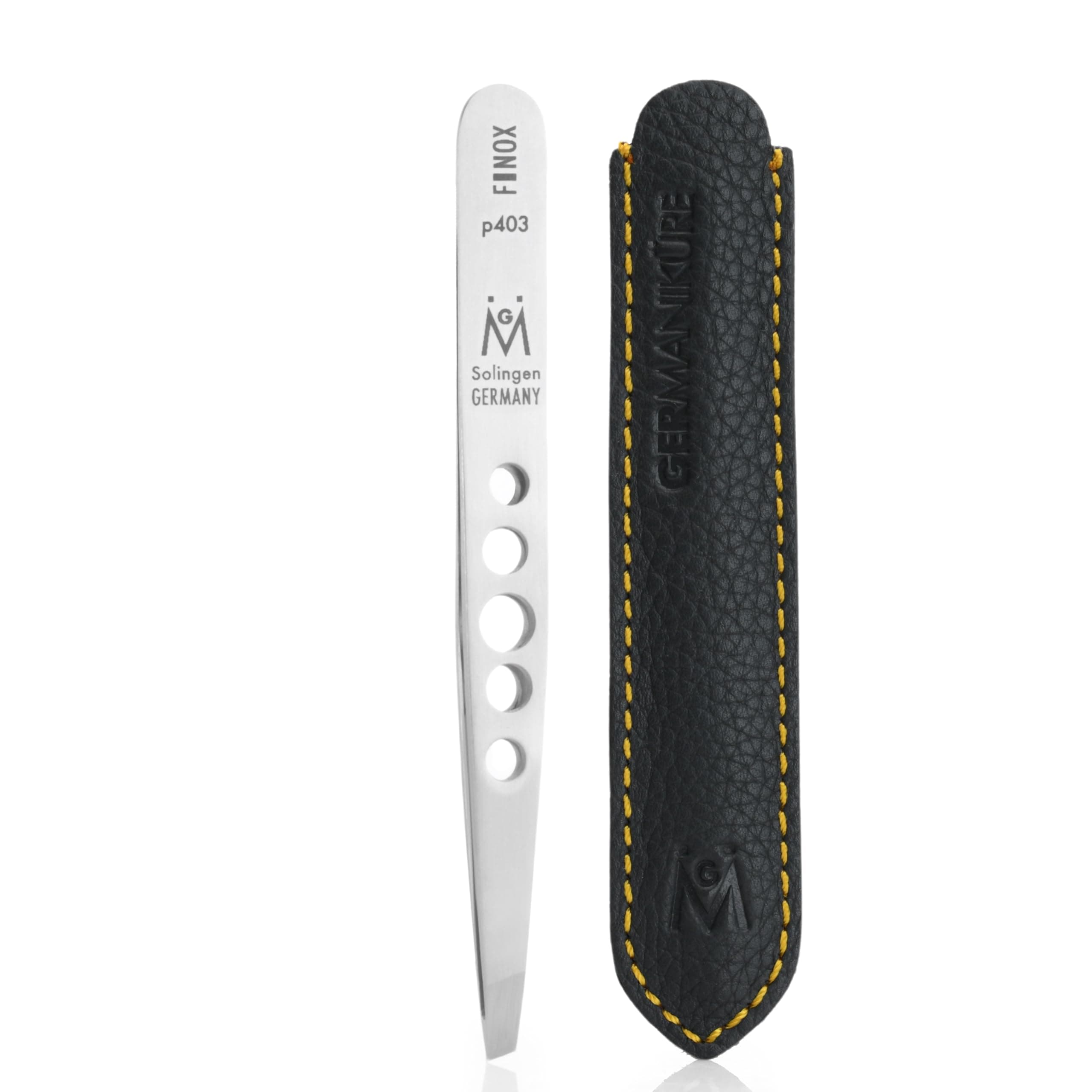 GERmanikure Slanted tweezers in leather, FINOX surgical stainless steel slant tip eyebrow tweezer. German fine hair remover, Solingen