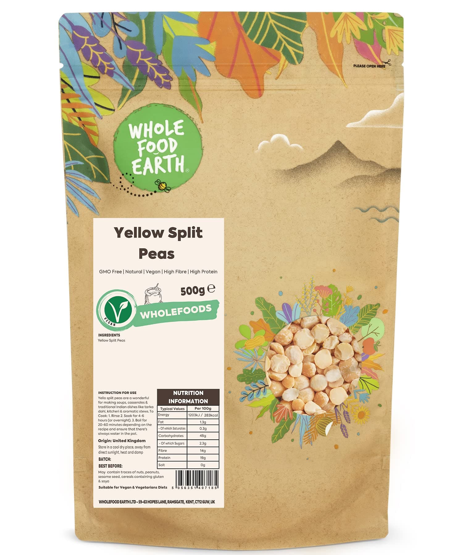 Wholefood Earth Yellow Split Peas 500 g | GMO Free | Natural | High Fibre | High Protein