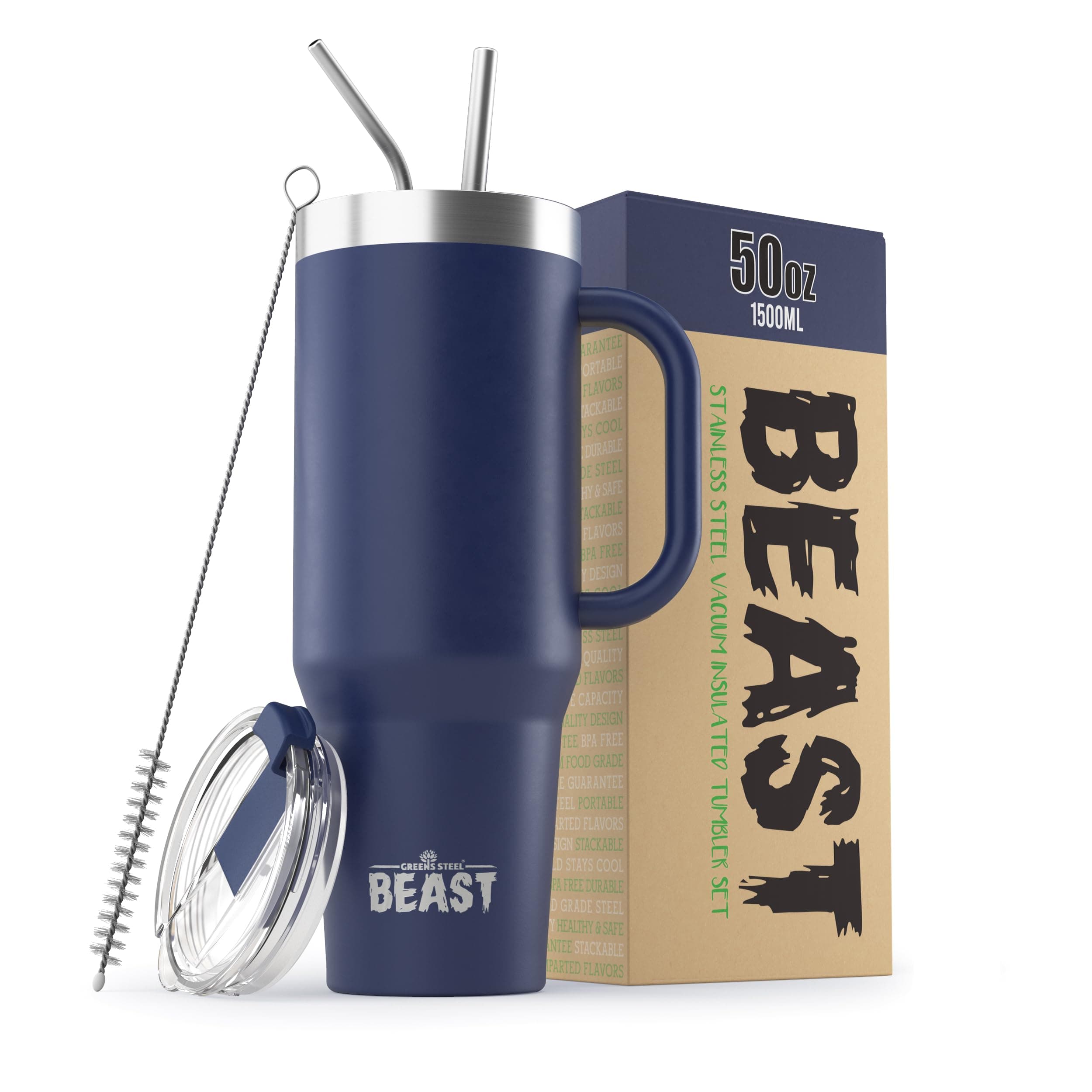 Beast 50 oz Tumbler with Handle Stainless Steel Vacuum Insulated Coffee Ice Cup Double Wall Travel Flask (Royal Blue)