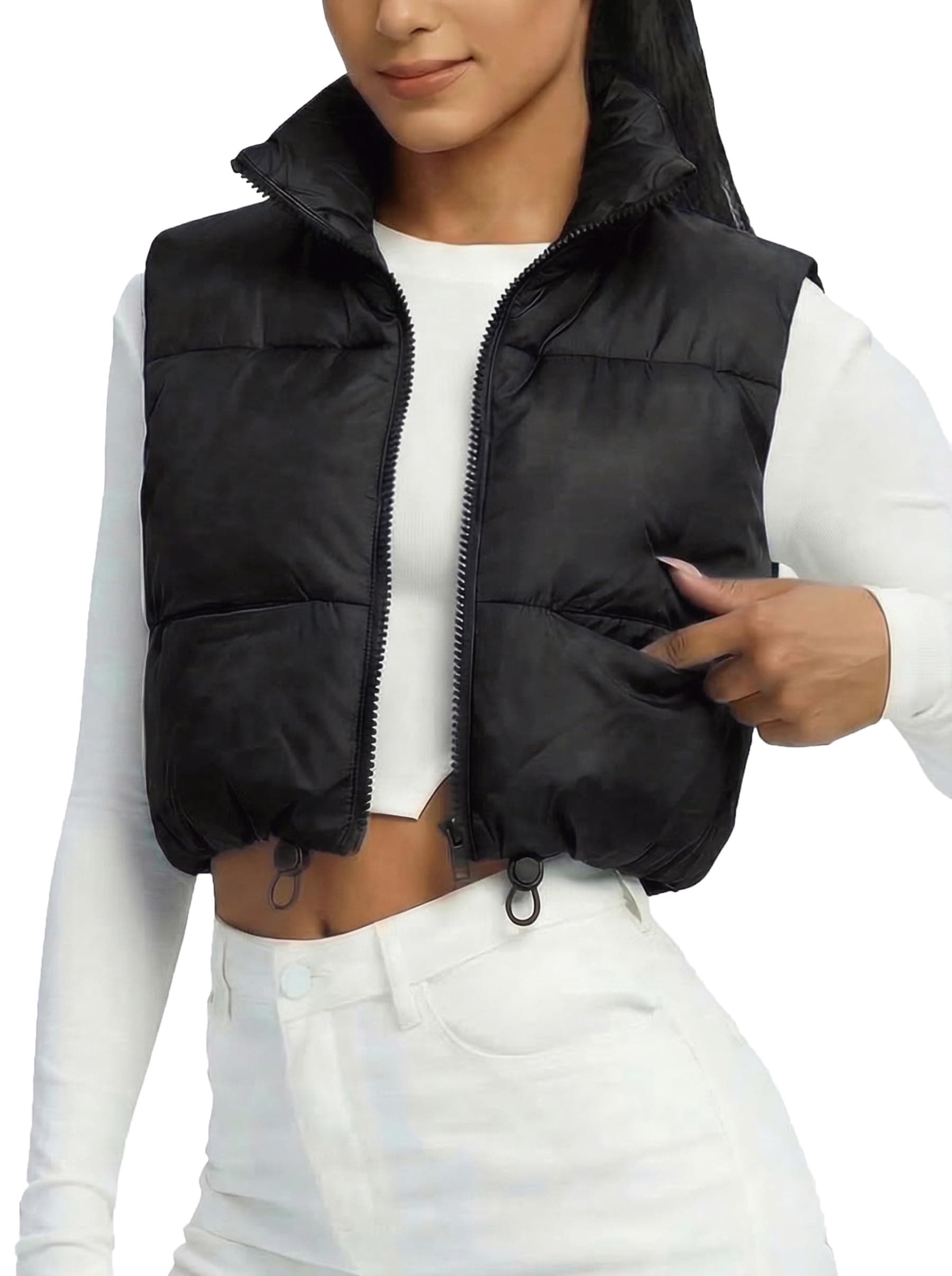 Women's Padded Vest, High Stand Collar Lightweight Zip Crop Puffer Gilet
