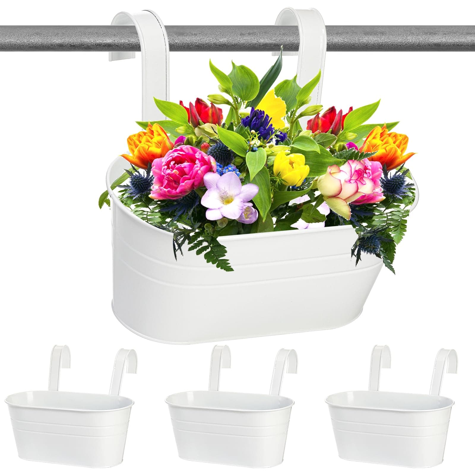 Foraineam 4 Pack Hanging Flower Pots, Metal Iron Plant Pot Holders, Large Fence Railing Balcony Garden Hanging Bucket Planters with Detachable Hooks for Indoor and Outdoor Decor