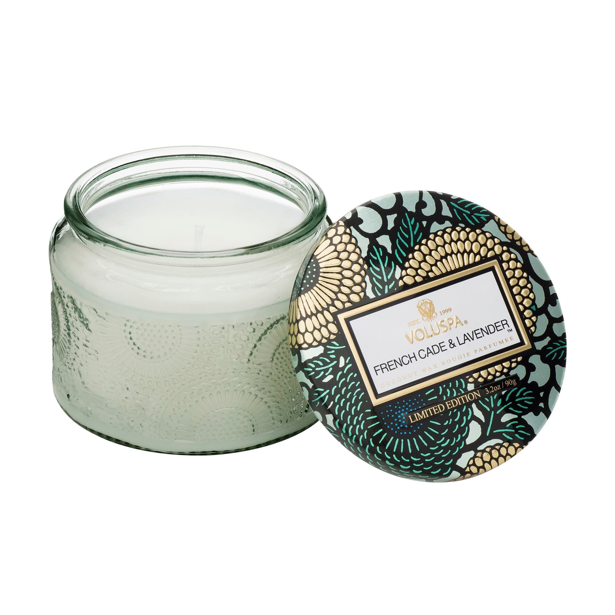Voluspa French Cade Lavender Candle | Petite Embossed Glass Jar | 3.2 Oz. | 25 Hour Burn Time | Vegan | Coconut Wax and Natural Wicks for Clean Burning | Hand Poured in USA | Non-Toxic Candle