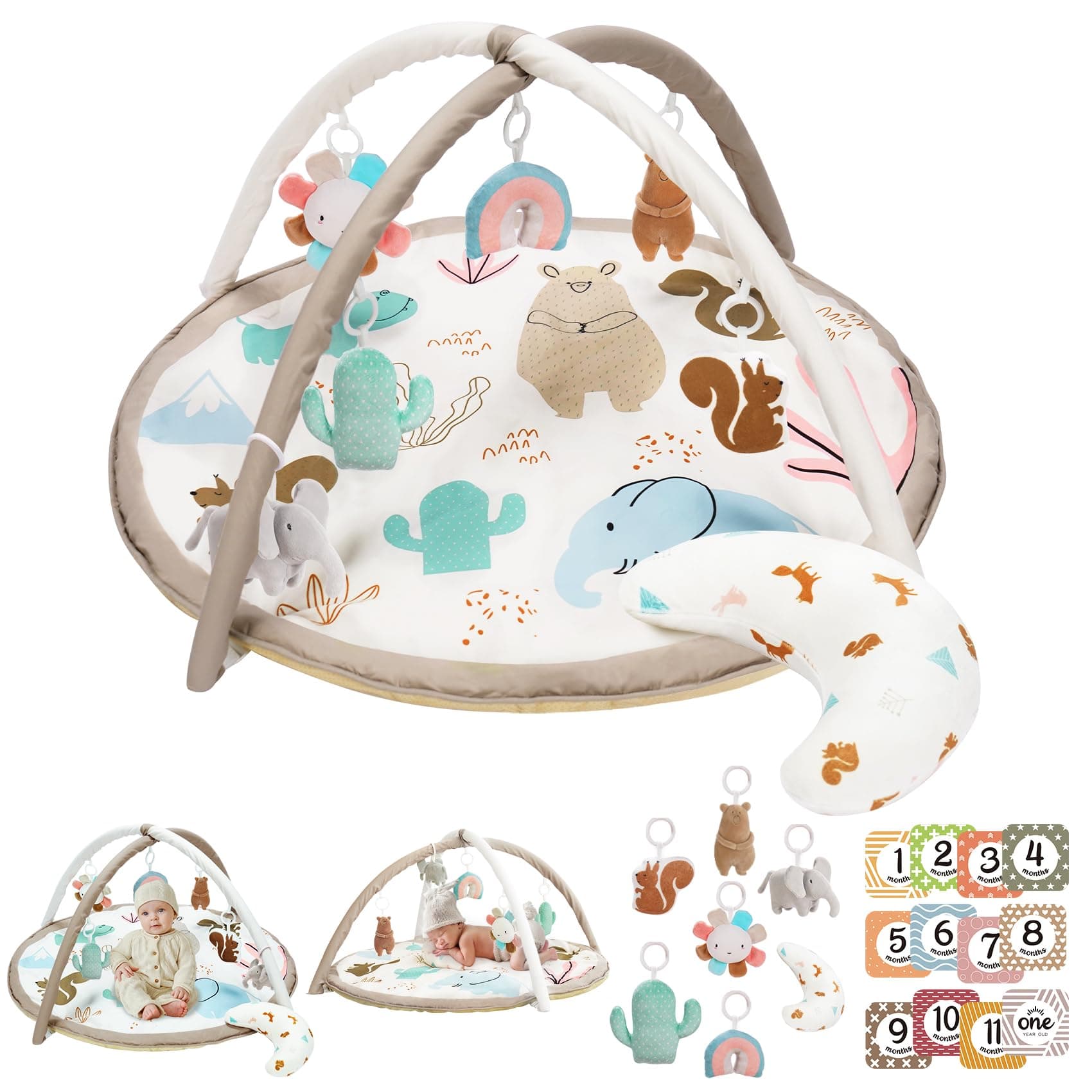 Little Tikes Baby Play Gym with 7 Toys and 12 Milestone Cards, Velvet Fabric Tummy Time Pillow, Animal Design Tummy Time Mat, Non Slip, Washable