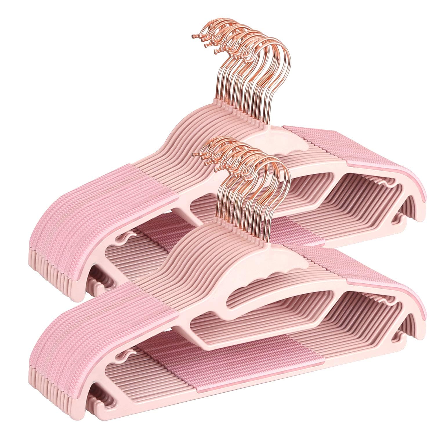 OIKA Plastic Hangers, Coat Hangers 50 Pack,Upgraded Rubber Stripe Non-Slip Hangers Space Saving Pants Hangers Heavy Duty Pink Hangers