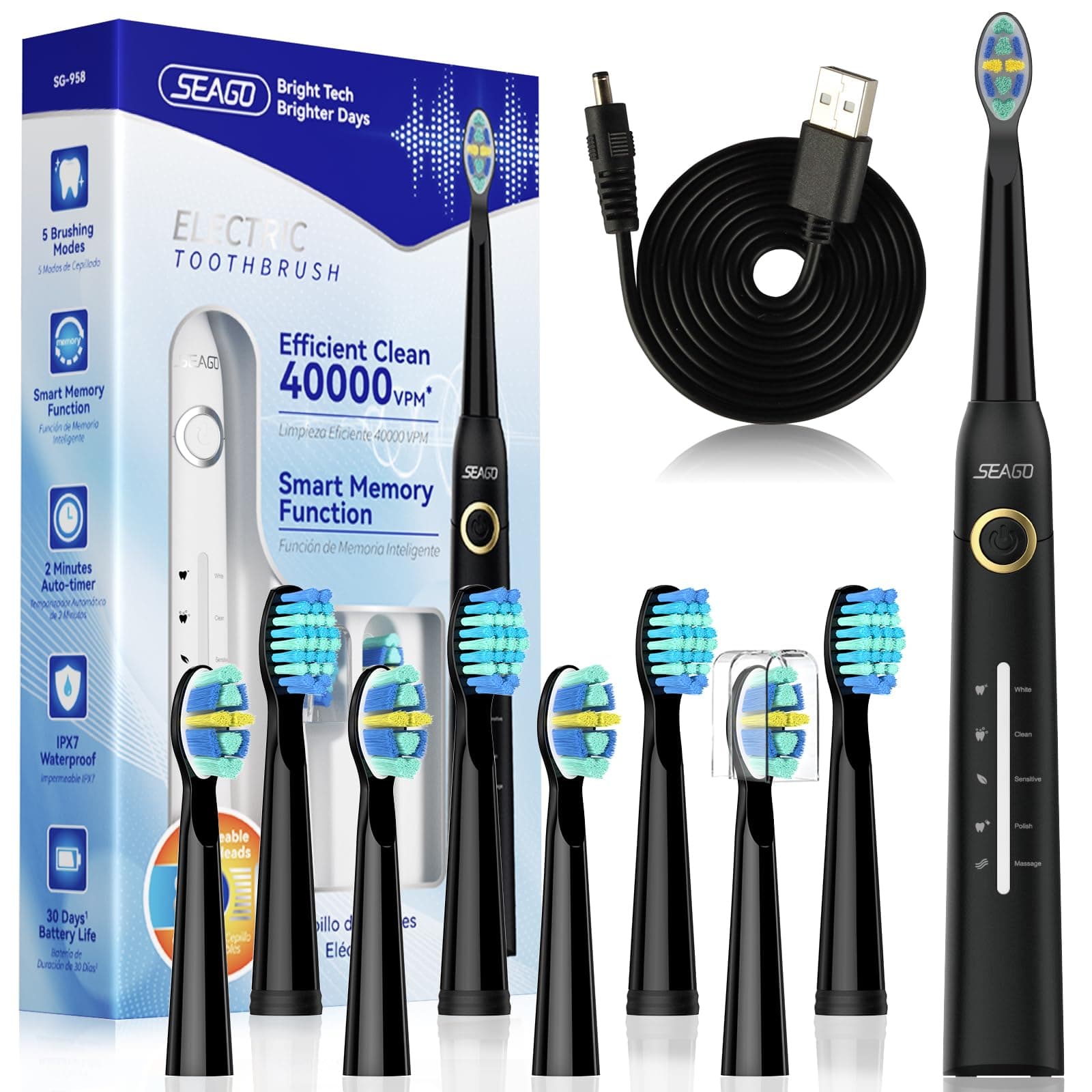 Electric Toothbrush, Rechargeable Toothbrush for Adults Sensitive Teeth, 8 Brush Heads, 5 Modes with Teeth Whitening, Endurance 30 Days, Kids Electric Toothbrushes 6-12, SG-958(Black)
