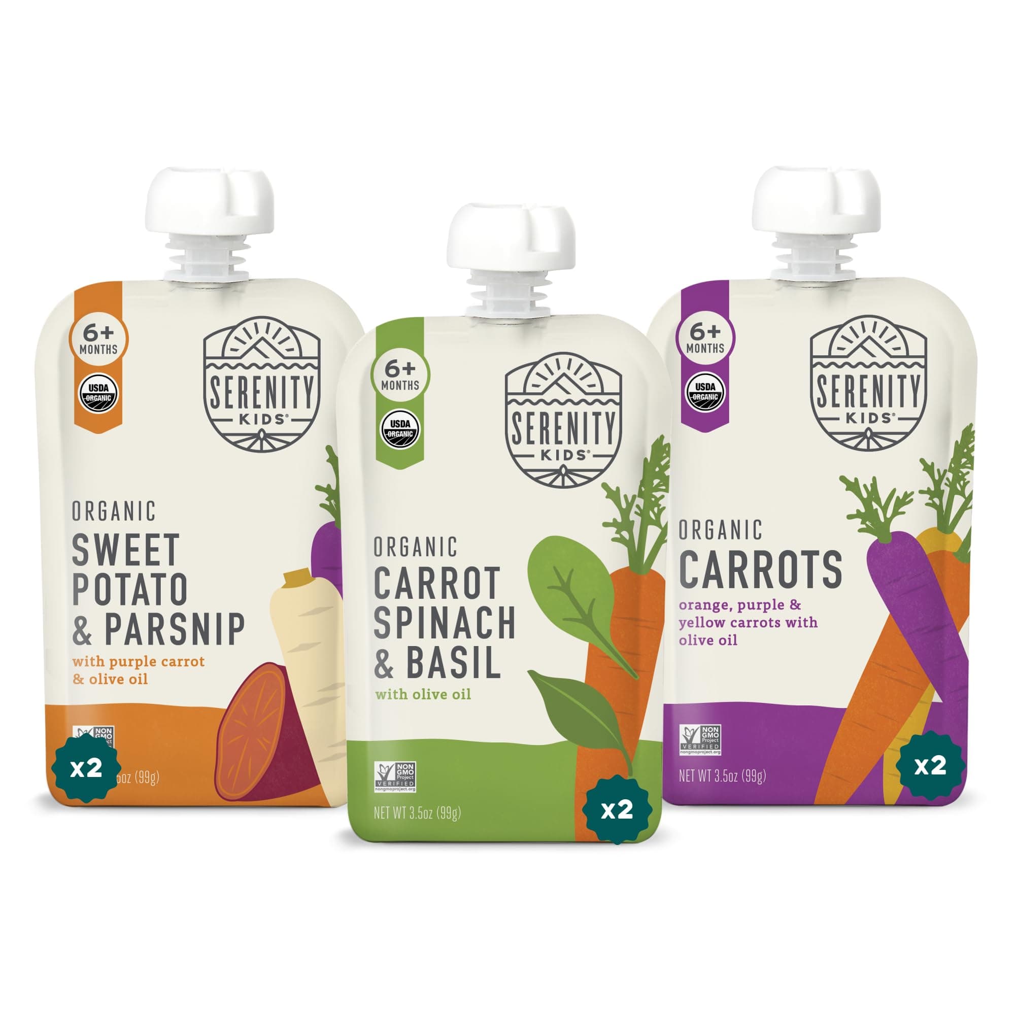 Serenity Kids 6+ Months Baby Food Pouches - Garden Veggies Variety Pack, 3.5 Oz, Pack of 6 - USDA Organic Baby Food - No Added Sugar - BPA & Allergen-Free Snack Pouch