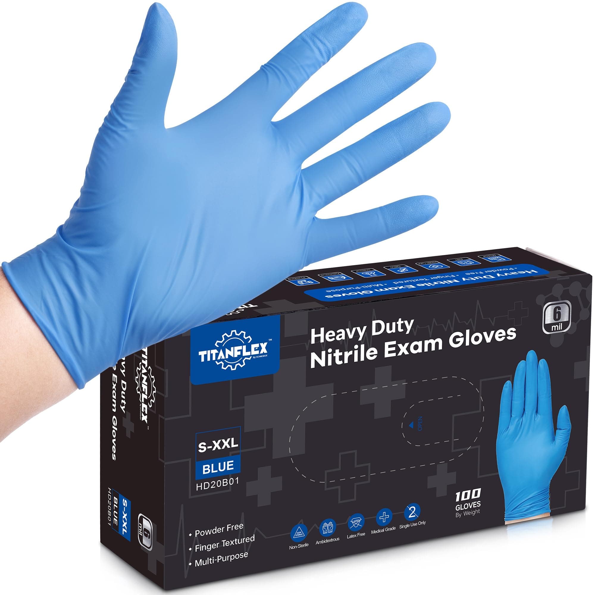 TitanFlex Nitrile Exam Gloves, Blue, 6-mil, Heavy Duty Nitrile Gloves, Mechanic Disposable Gloves, Latex Free, Powder Free