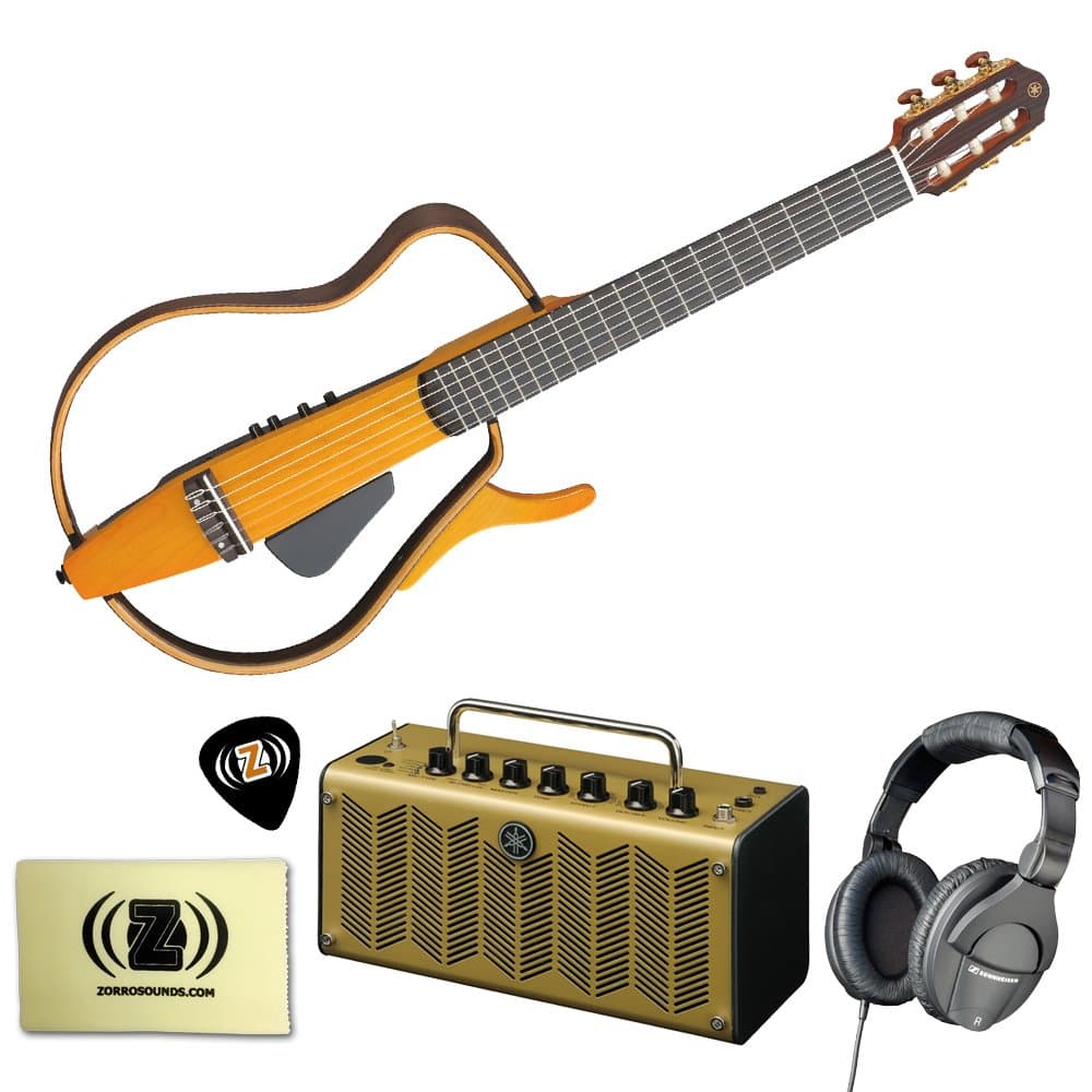 Yamaha SLG130NW Classical Style Silent Guitar BUNDLE with Yamaha THR5A Desktop Acoustic Guitar Amp, Sennheiser HD280 Pro DJ-Style Closed Ear Noise Isolating Headphones, Zorro Guitar Cloth and Limited Edition Zorro Dunlop Sampler Pick Pack