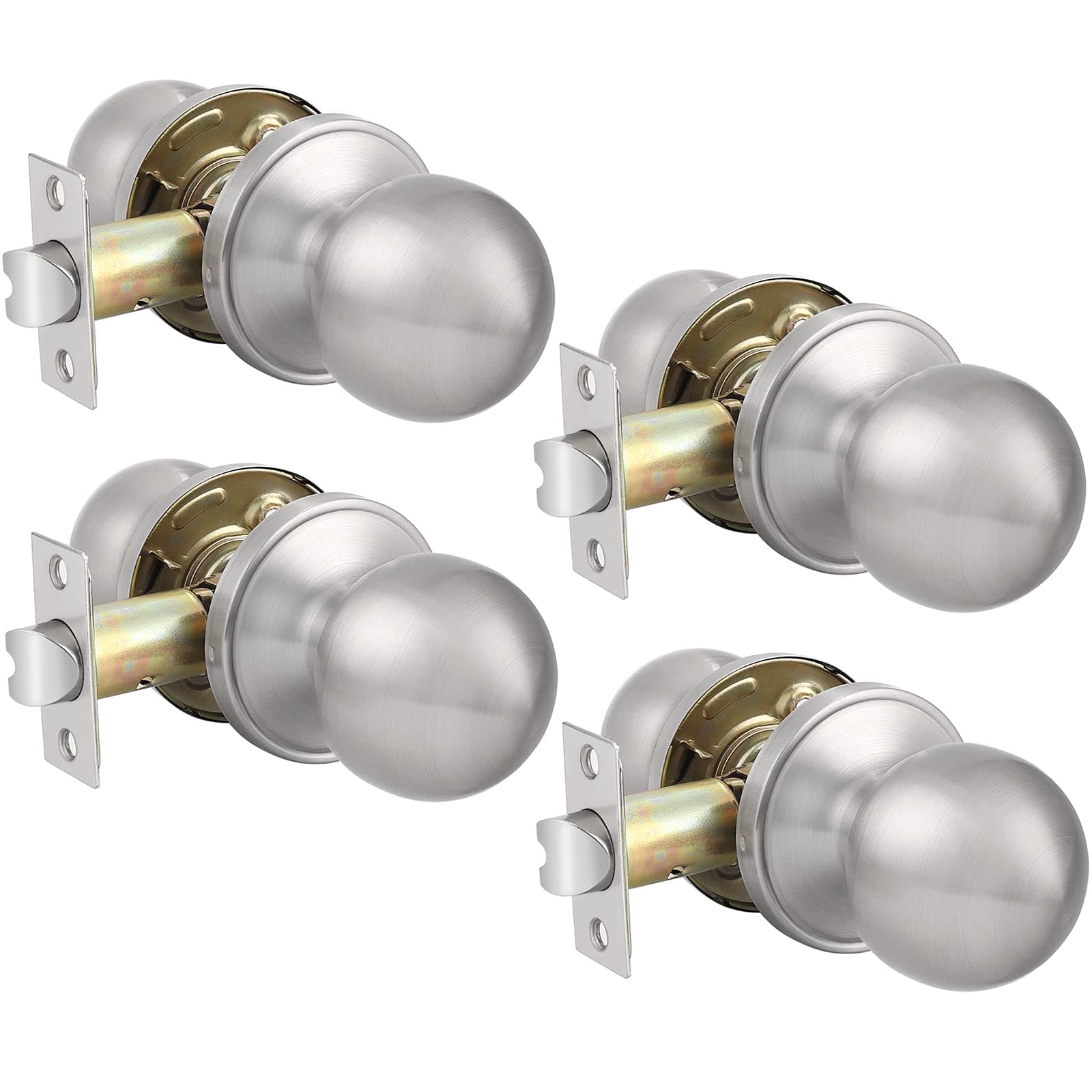 Probrico4 Pack Interior Passage Door Knob for Hallway Stainless Steel Closet Two Sides Round Door Knobs with Latch Satin Nickel