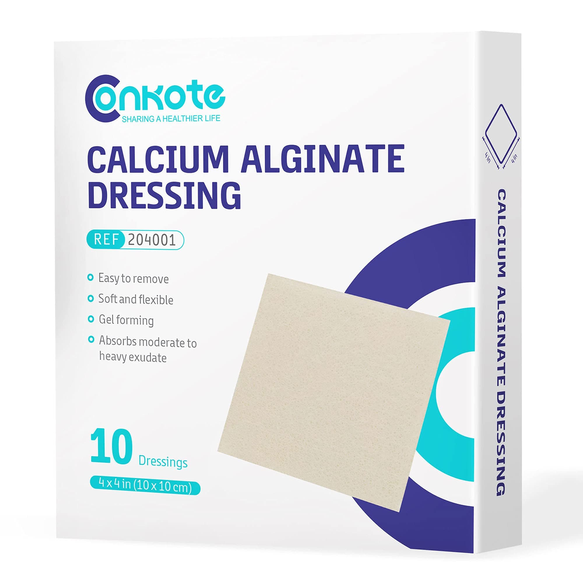 Conkote Calcium Alginate Wound Dressing Pads,4” x 4” Pad Size, 10 Pack, Non-Stick Padding, Sterile, Highly Absorbent & Comfortable