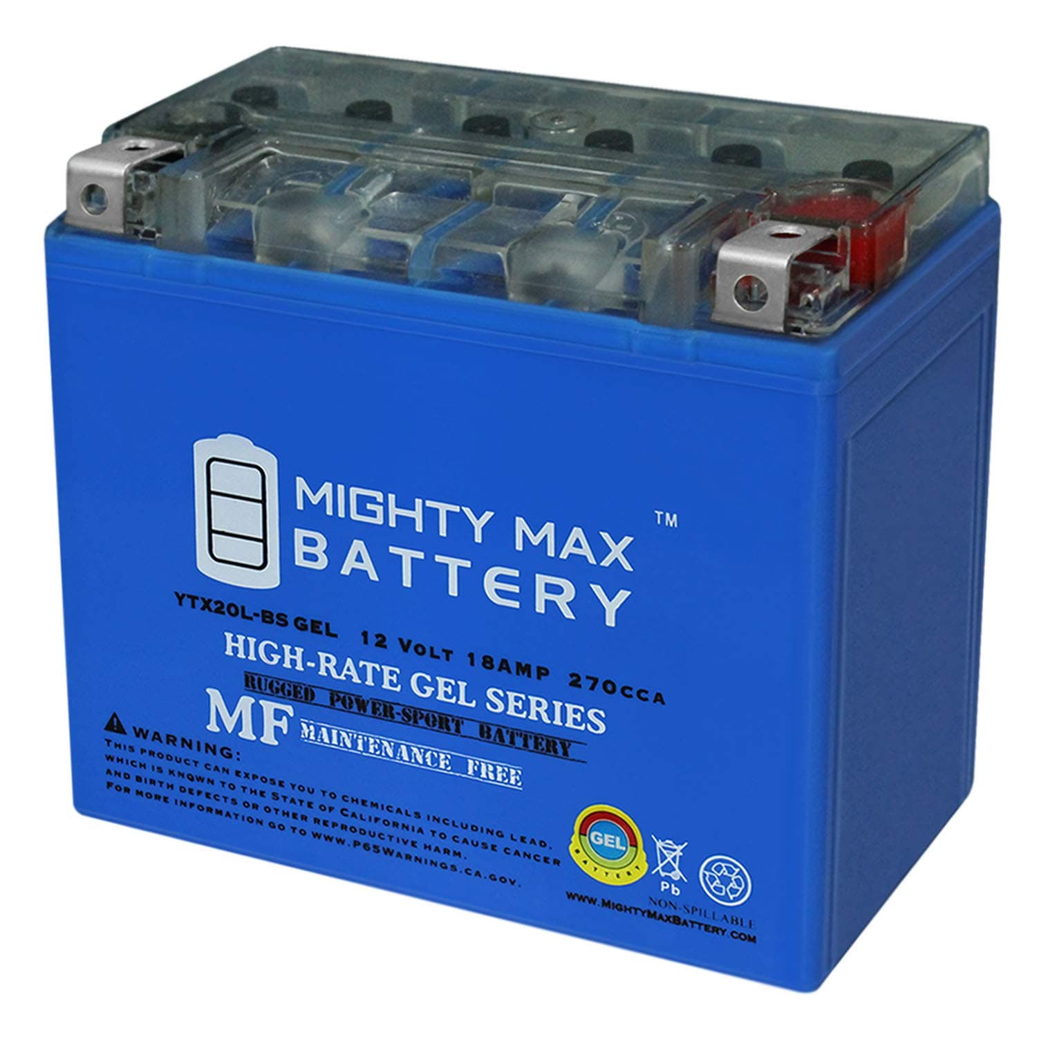Mighty Max Battery YTX20L-BS GEL -12 Volt 18 AH, GEL Type, 270 CCA, Rechargeable Maintenance Free SLA AGM Motorcycle Battery