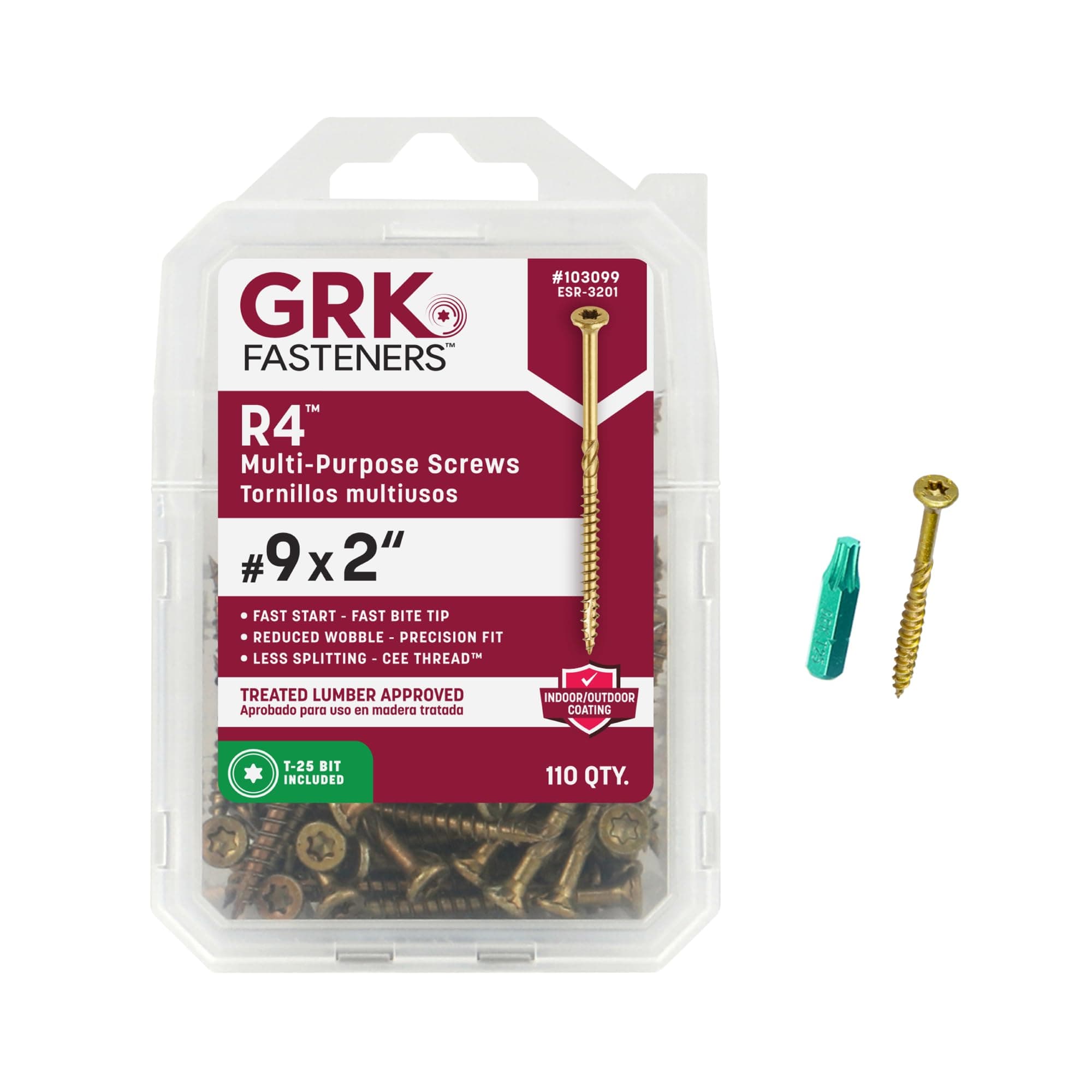 GRK Fasteners R4™ #9 x 2 Inch, Multi-Purpose Framing Screws, 110 PCS, Rust Resistant Climatek™ Coating, Outdoor Fencing and Deck Screws, Fast Bite Tip with Star Drive Recess, T-25 Bit Included, Gold