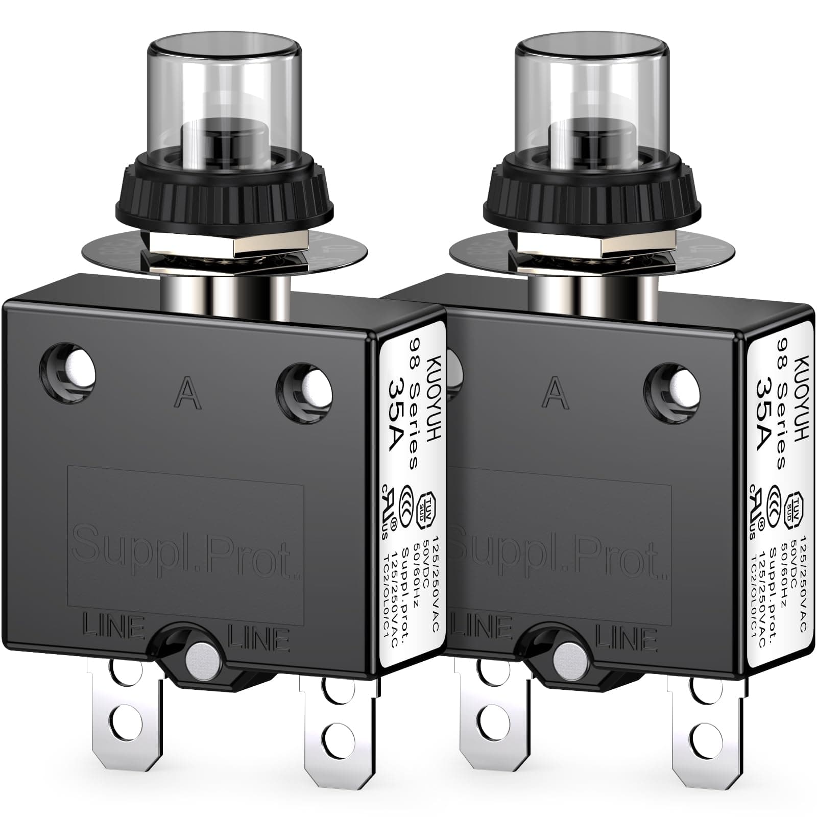 Thermal Circuit Breaker,98 Series 35A 125/250VAC Circuit Breaker Push-Button Reset with Quick Connect Terminals and Waterproof Button Cover 32VDC Thermal Overload Circuit Breaker - 35 Amp, 2Pcs