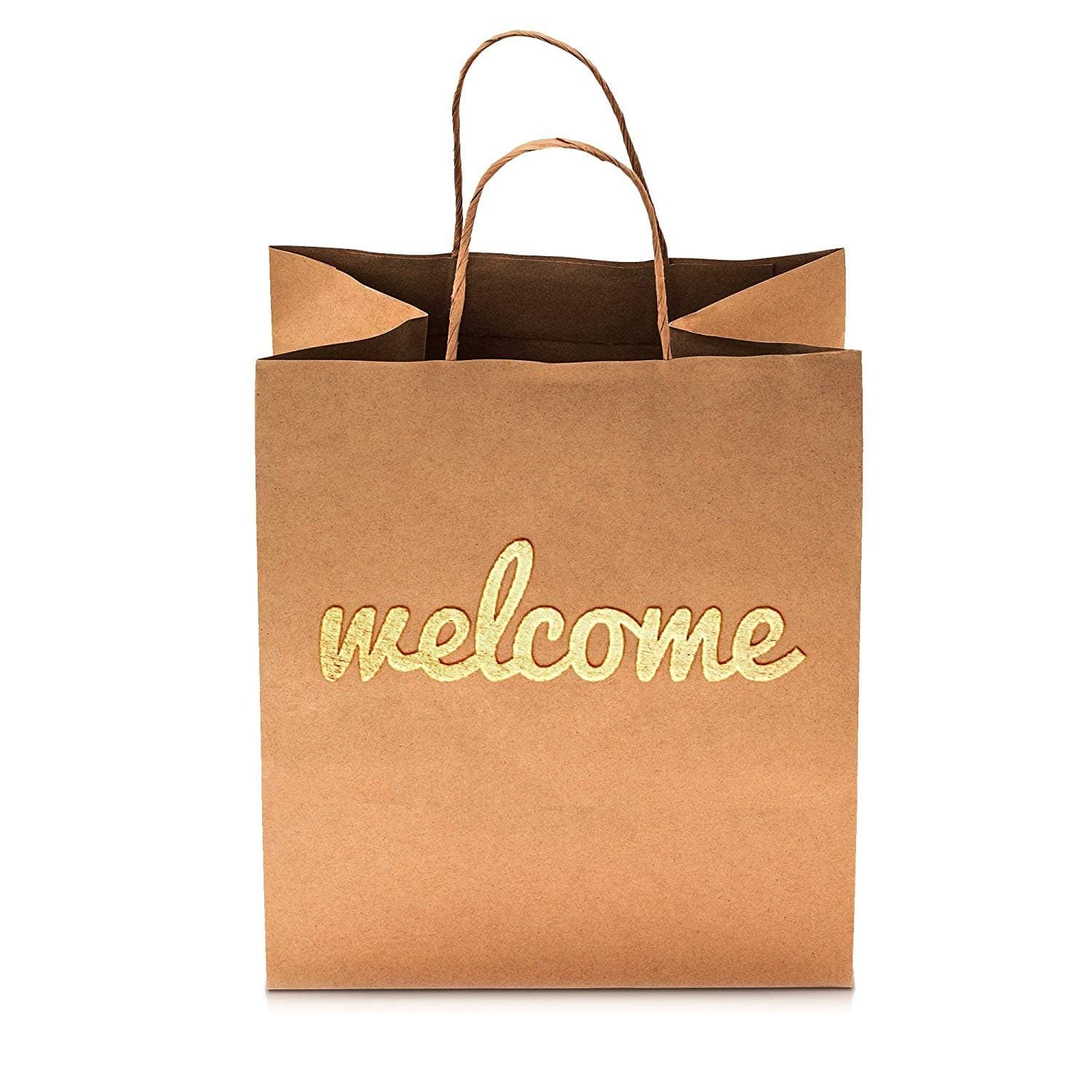 Merry Expressions Welcome Bags - 25 Pack - Luxury 180gsm Thick Durable - Double Sided Gold Foil - 10.5" x 8.25" - For Weddings, Hotels, Guests, Bridesmaids, Baby Showers, Birthday & Party Favors