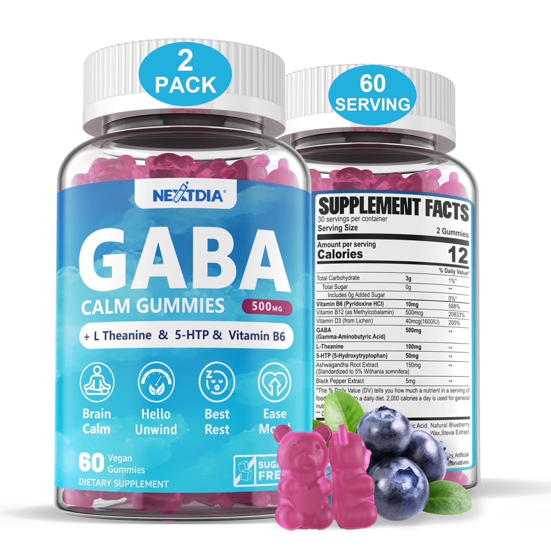 GABA Gummies 500 mg - Sugar-Free Calm Gummies with L Theanine, 5-HTP, Vitamins D3, B12, Ashwagandha, Melatonin-Free for Brain Calm, Mood, Zzz Better, GABA Supplement for Adult, Blueberry Flavor,2 Pack