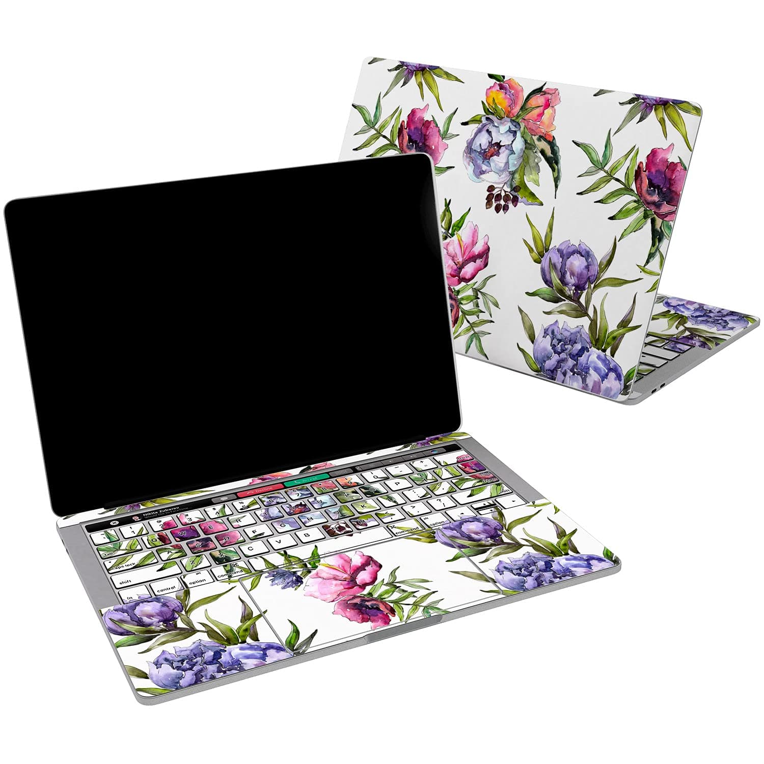 Cavka Vinyl Decal Skin Compatible for MacBook Pro 16 M1 Pro 14 2021 Air 13 M2 2022 Retina 2015 Mac 11 Mac 12 Cover Sticker Floral Design Flowers Leaves Peonies Purple Pink Tropical Print Laptop