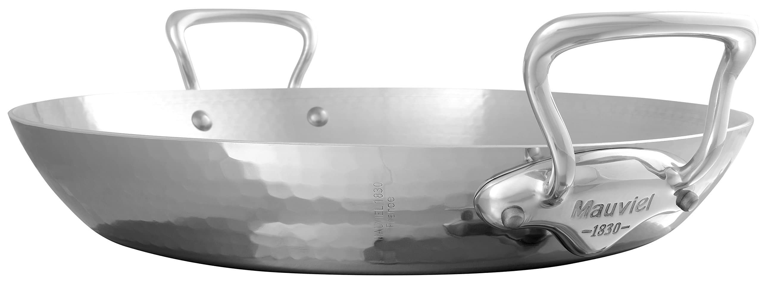 M'Elite 5-Ply Hammered Polished Stainless Steel Paella Pan With Cast Stainless Steel Handles, 13.8-in, Made in France
