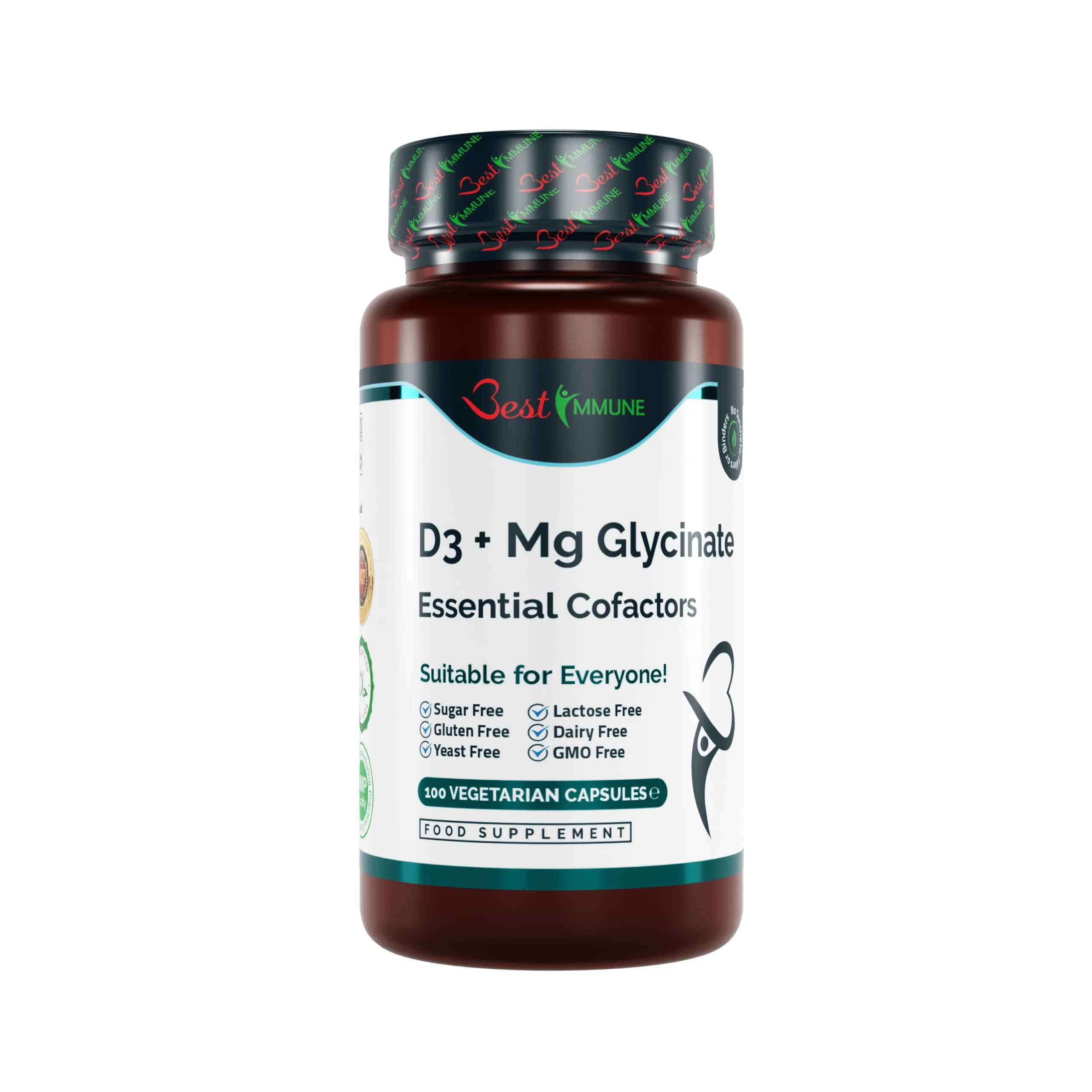 Magnesium Glycinate + D3 Essential Cofactors Complex Premium Quality Natural Product Ideal Strength 100 Vegan Capsules Highest Bioavailability