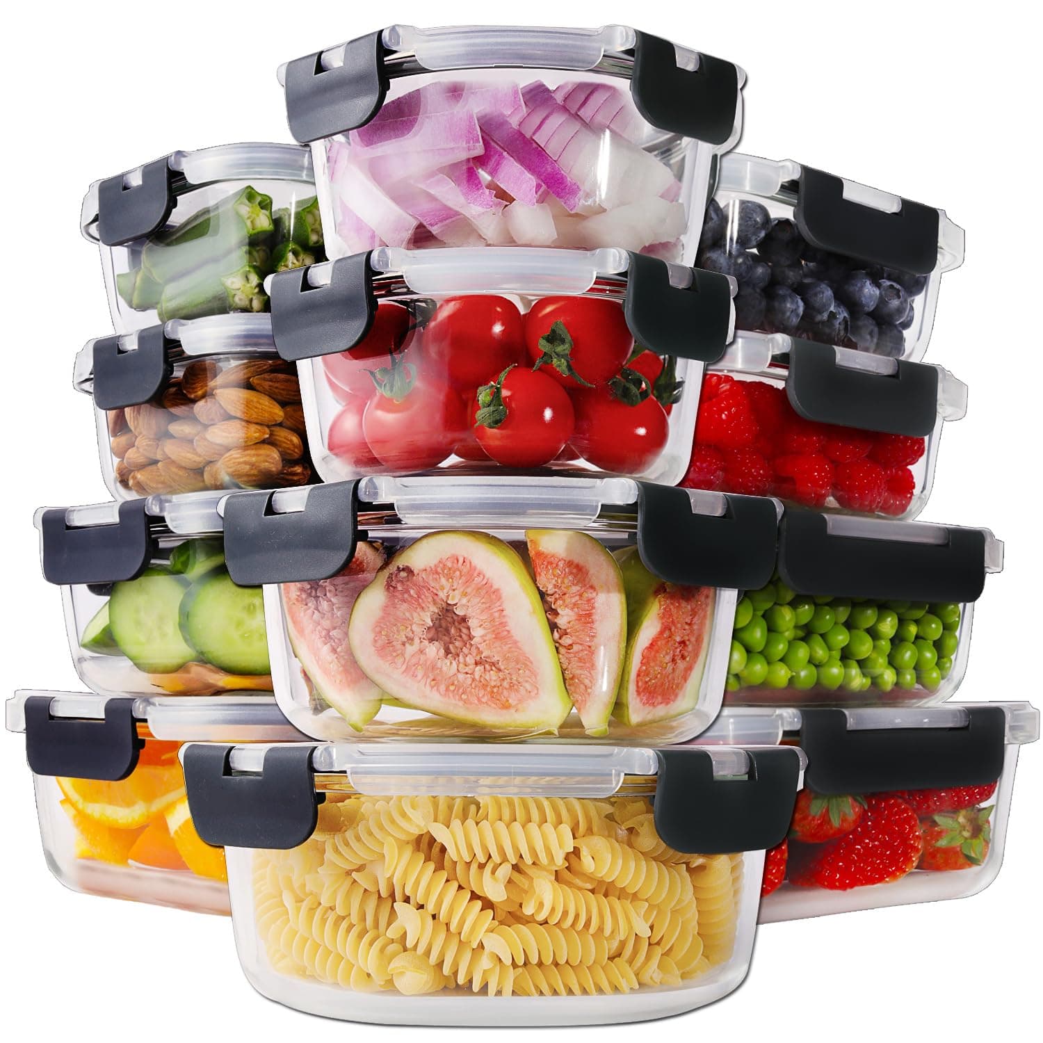 24pc Borosilicate Glass Food Storage Containers with Lids, Glass Meal Prep Containers with Leak Proof Snap Lock, Airtight Bento Lunch Boxes, Kitchen Storage (12 lids & 12 Containers)-Black