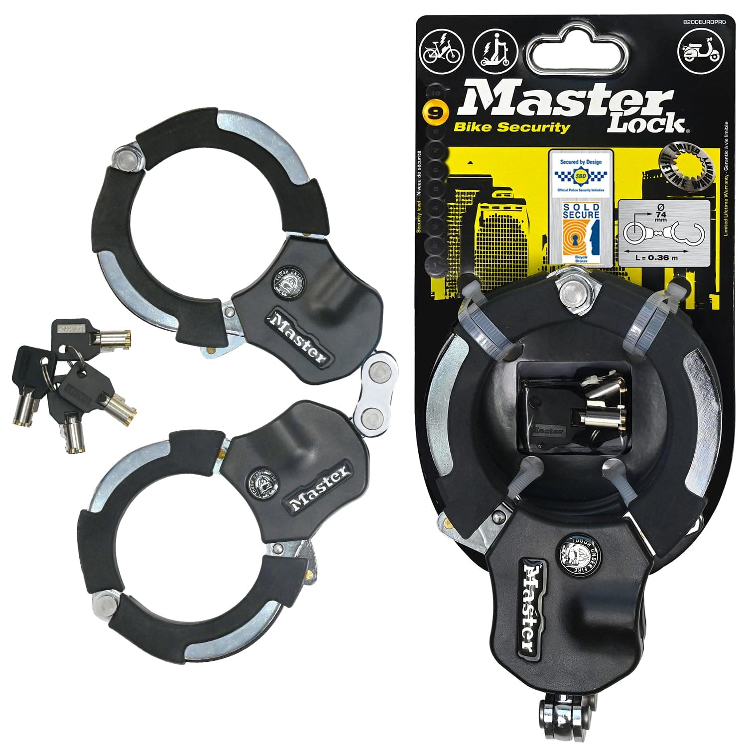 Police Approved Bike Lock and E-Scooter Lock, Hardened Laminated Steel, 4 Keys, 4 Keys, 360 x 76 x 27 mm, for e Bike Scooter Quad