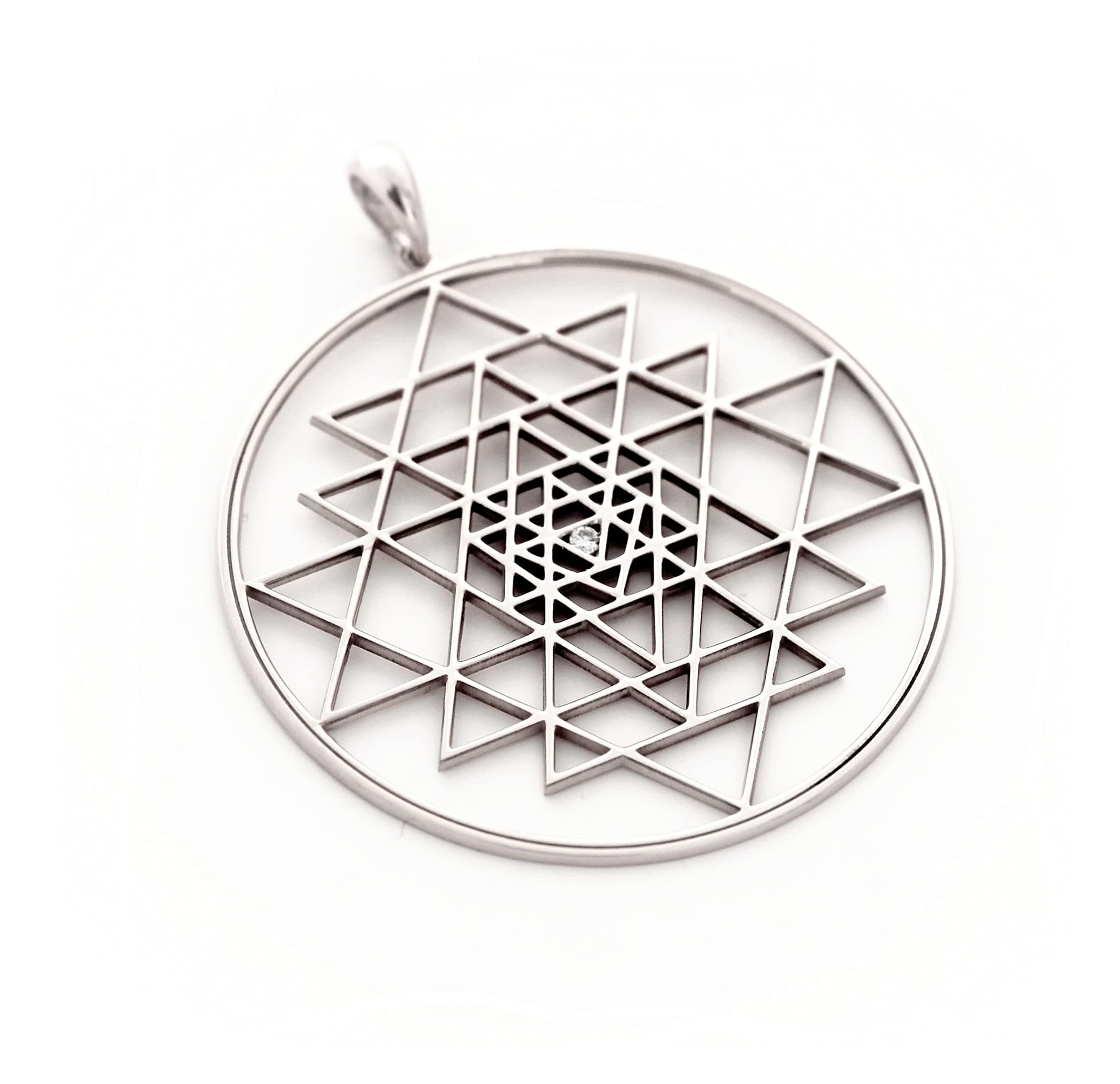 Sri Yantra Pendant Necklace with Diamond at the Bindou Center Handmade in Silver. Shri Yantra Mantala Created following the rules of Sacred Geometry in detail.