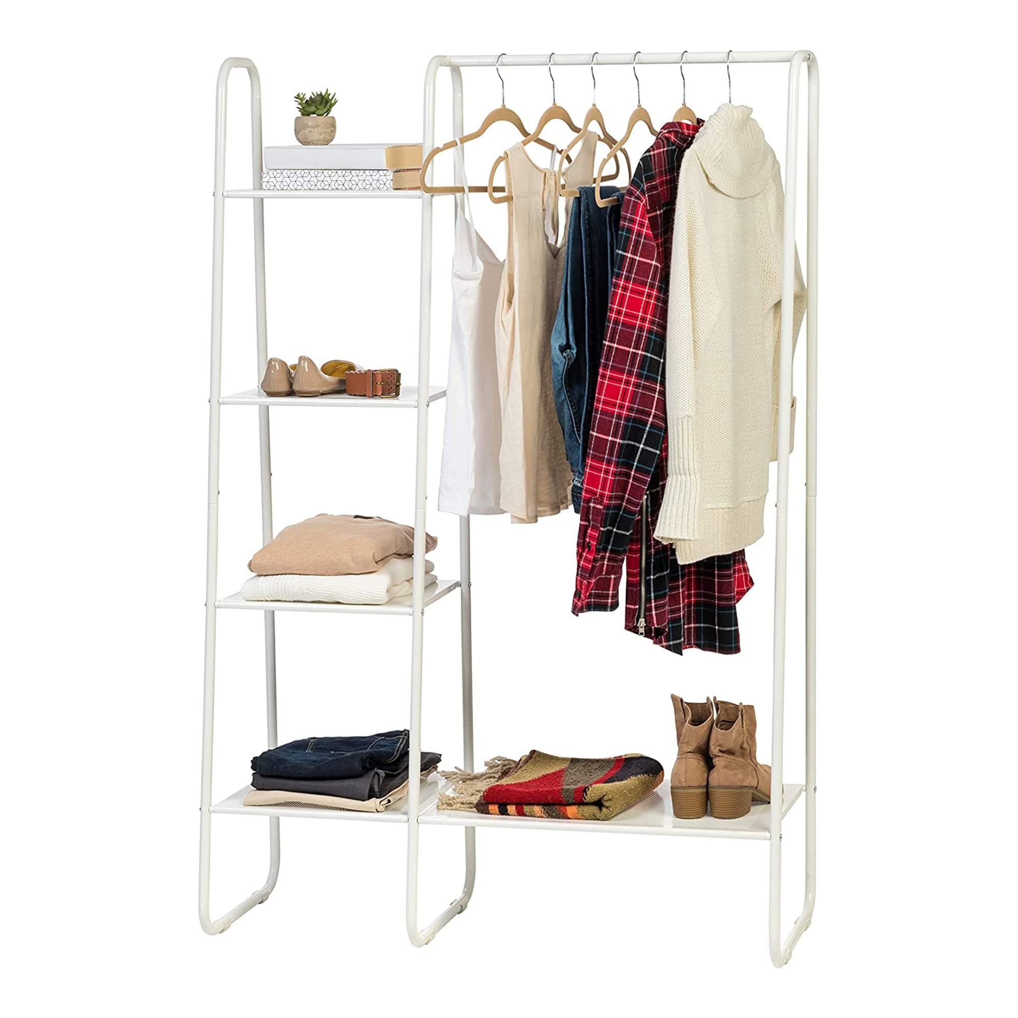 IRIS USA PI-B6 White Metal Garment Rack with Metal shelves